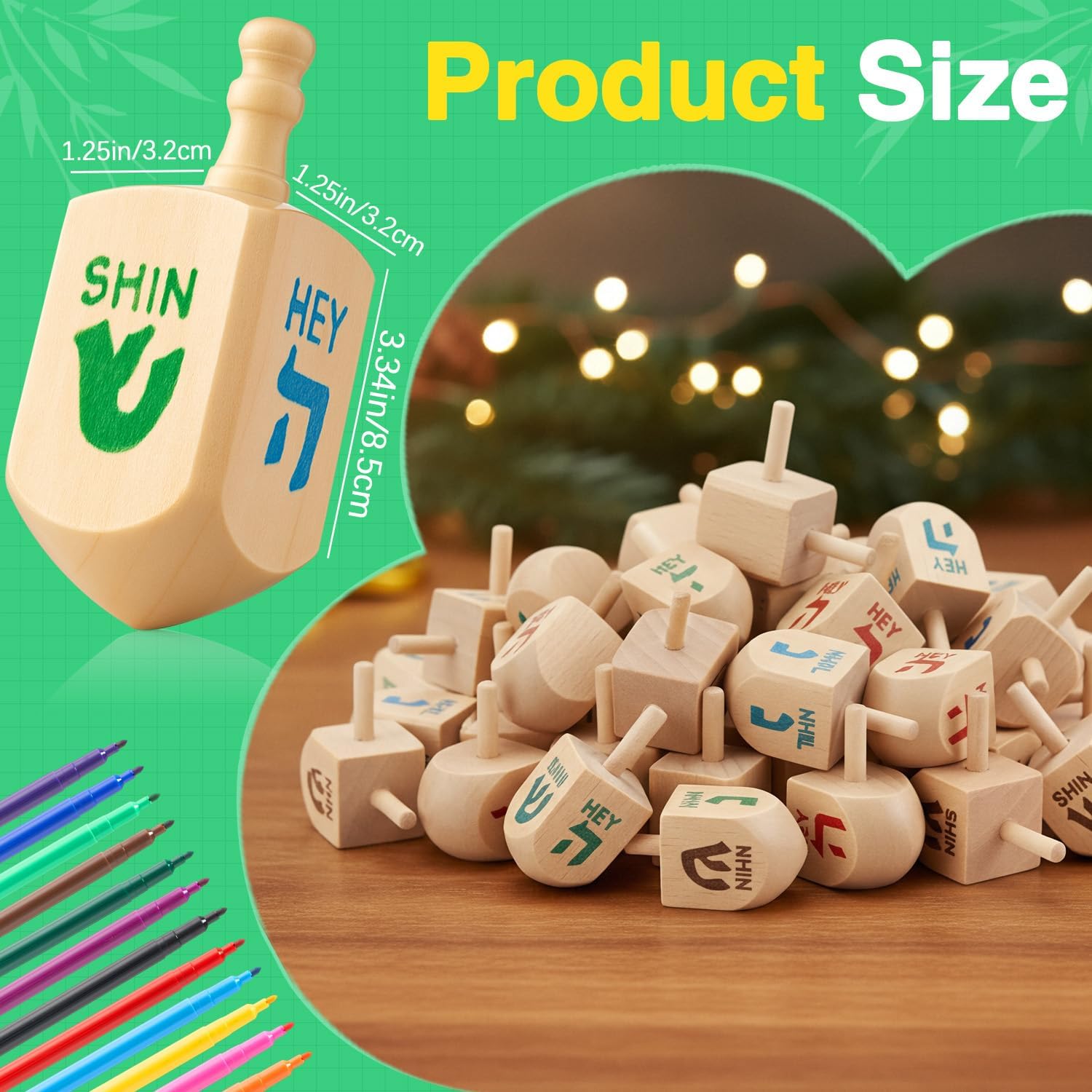 Blueweenly 48 Pcs Hanukkah Wooden Dreidels with 12 Colorful Markers, 3.5inch Blank Wooden Dreidels Hanukkah Unfinished Chanukah Dreidels for Hanukkah Party DIY Projects Crafts Family Fun Supplies
