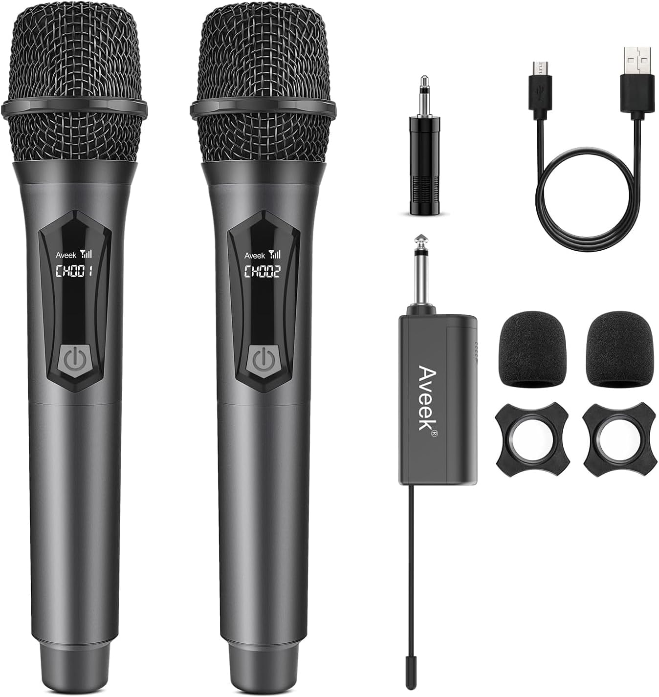 Aveek Wireless Karaoke Microphone, Rechargeable Handheld Mic with Receiver for Powered Speakers and Amplifiers, Karaoke Microphone Set for Singing, Weddings, DJ, Parties (2 Pack)