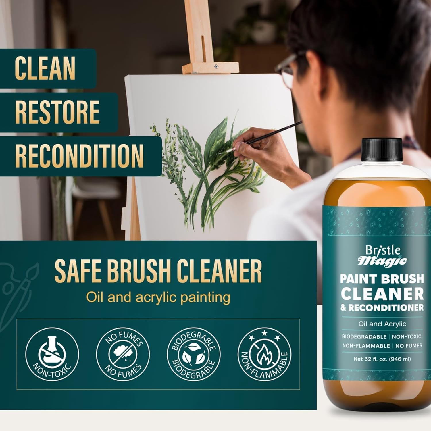 Oil Paint Brush Cleaner and Restorer-Paintbrush Cleaner for Acrylic, Oil, and Glass Paints-Biodegradable, Non-Toxic, Odorless, Eco-Friendly, Quick-Clean Formula Paint Remover (1 Gallon)
