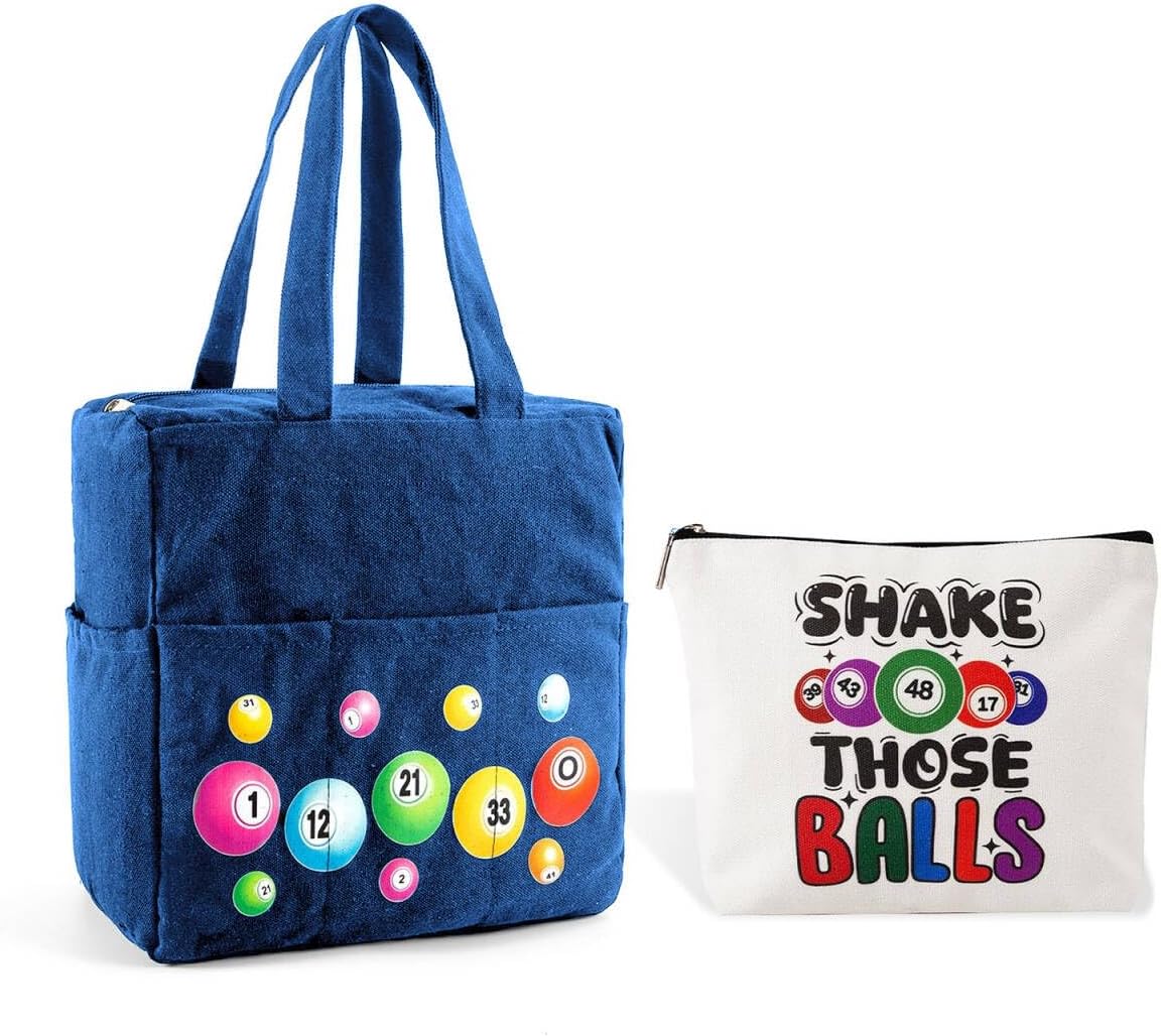 Bingo Bags with Pockets on Clearance, Bingo Bag with Zipper and Polyester Bingo Daubers Makeup Bag, Bingo Bags and Accessories Tote Gifts Game Suitable for Women and Girls (Blue)