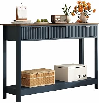 RUSTOWN Fluted Wood Console Table with 3 Drawers, 47.2" Modern Farmhouse Sofa Table & Entryway Table with Open Storage Shelf, Narrow Hallway Table for Living Room, Foyer and Hallway Navy Blue