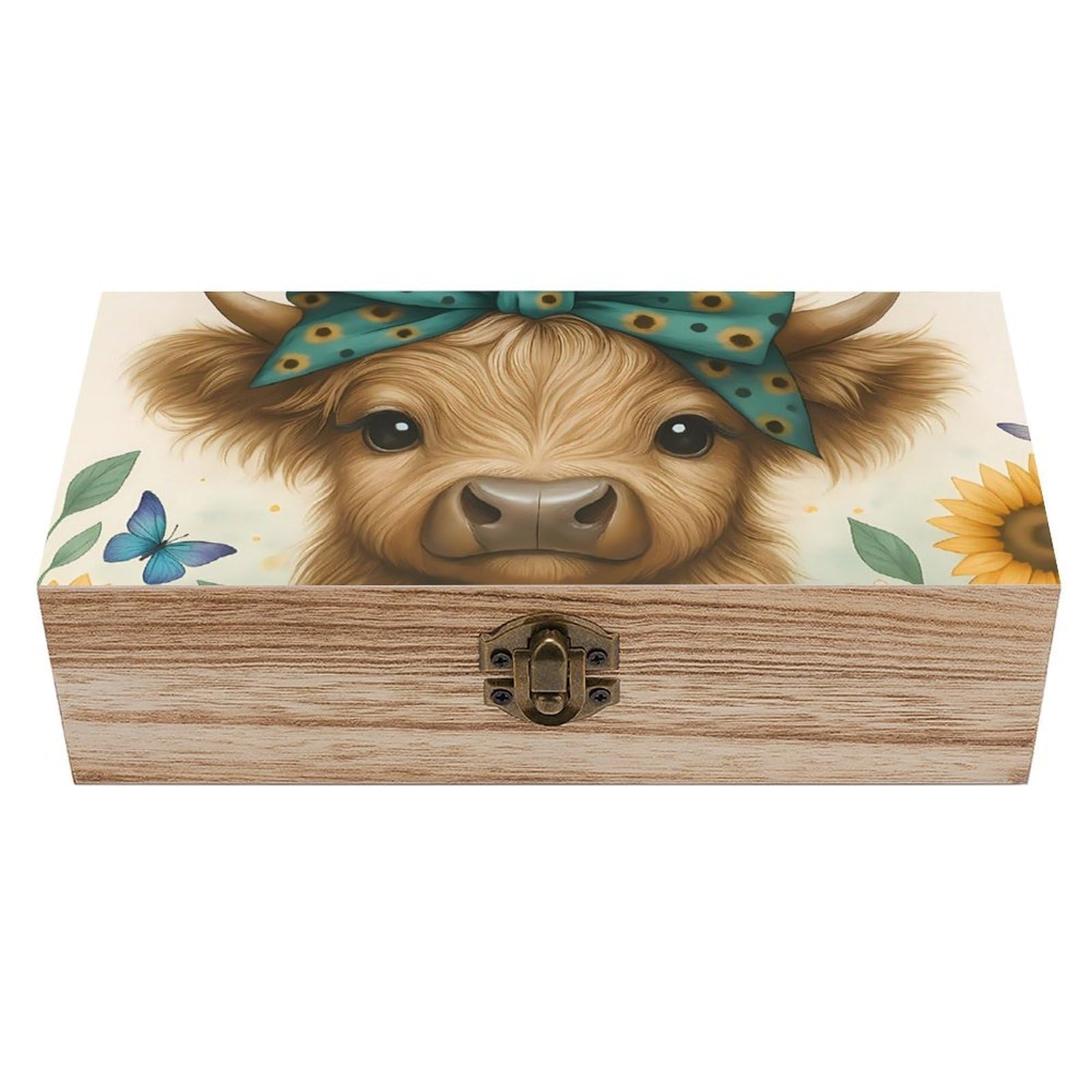 Oudrspo Lovely Highland Calf, Sunflower And Butterfly Retro Wooden Storage Box Keepsake Jewelry Decorative Art Storages Box Gift Boxs