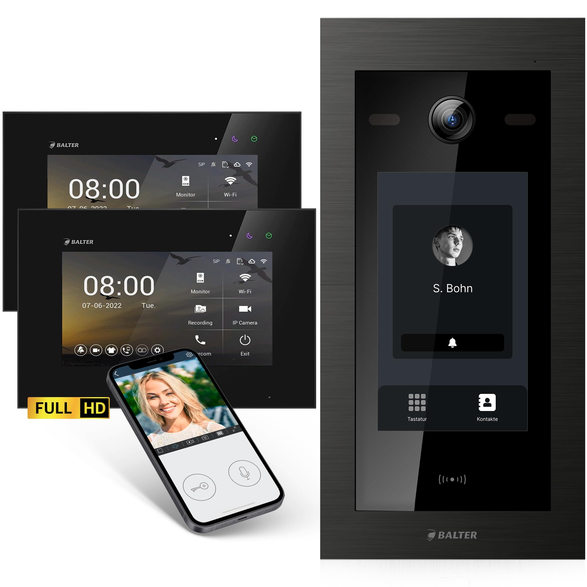 Balter EVO-HD Video Türsprechanlage mit Touchscreen Türstation, Video Türklingel, Smartphone App, 1 Familienhaus, 2X 7 Zoll Monitore, Türklingel mit Kamera Full HD, 2 Draht Bus, 175° Weitwinkel, RFID