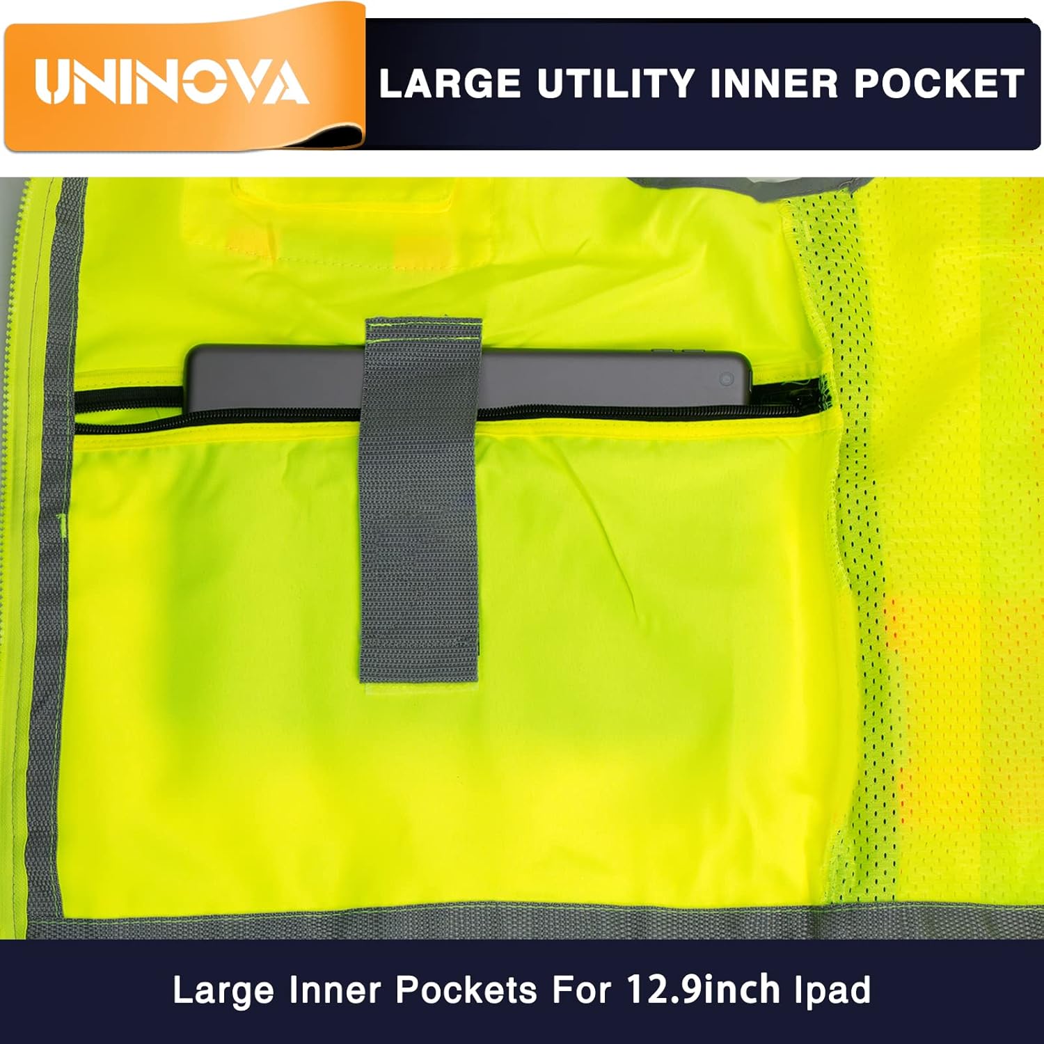 UNINOVA Surveyor Safety Vest Reflective for Men,Class 2 Heavy Duty Safety Vests Reflective with Pockets and Zipper - Image 7