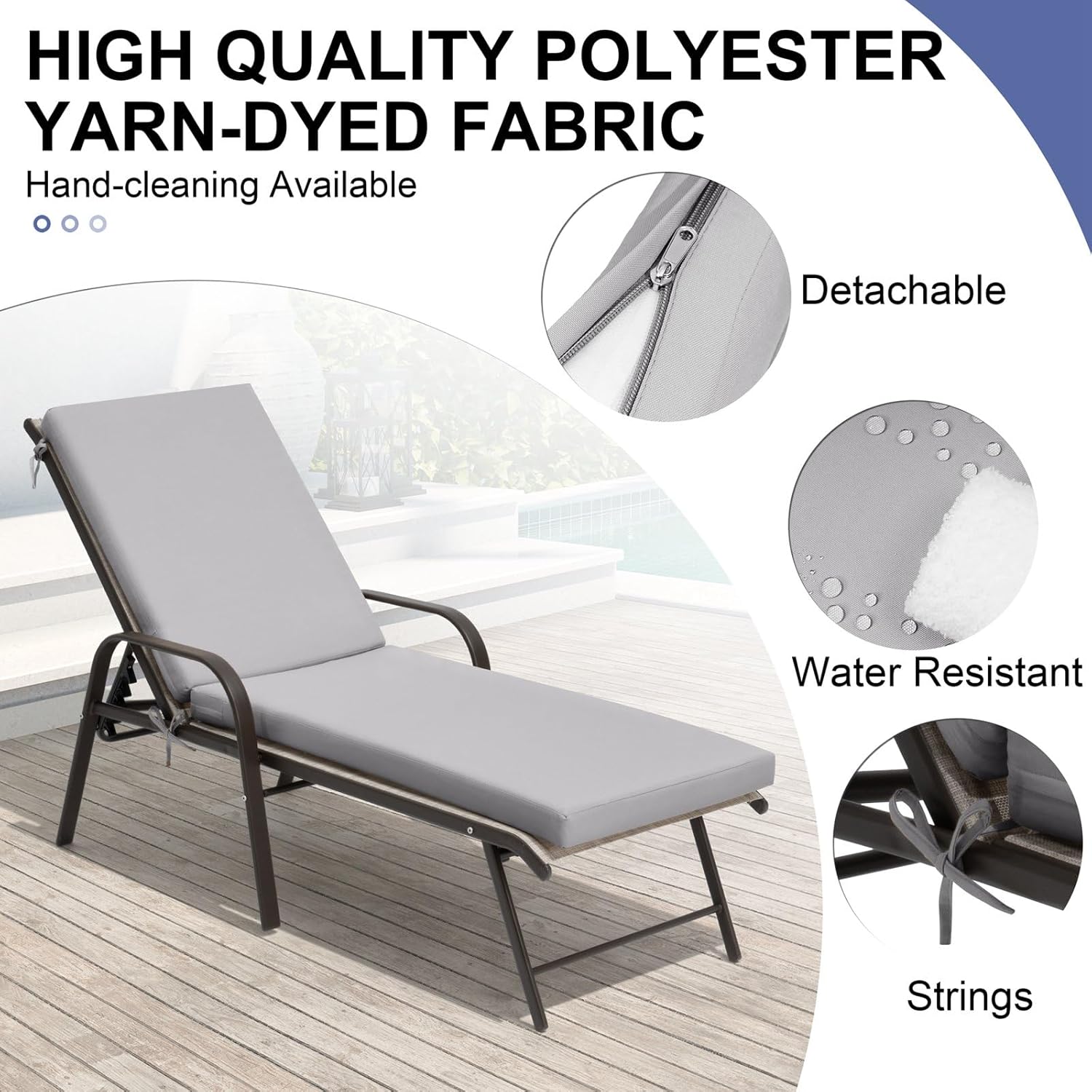 Crestlive Products Outdoor Water Resistant Chaise Lounge Cushions Set of 2, Fade Resistant Patio Furniture Lounge Chair Cushion, 80" L x 23" W, Cool Grey