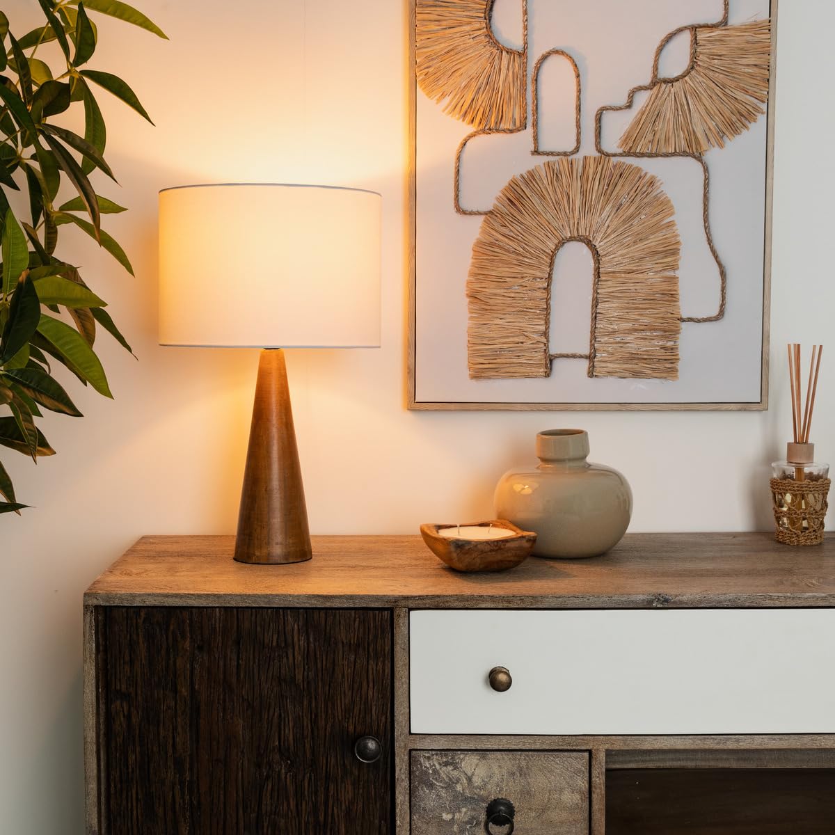 Lampada "Aina", legno e bianco H46 cm