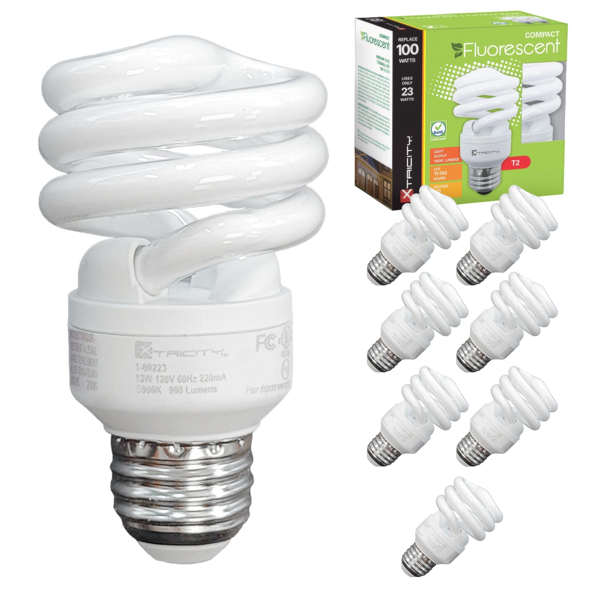 Xtricity Compact Fluorescent Light Bulbs T2 Spiral, E26 Base, 23W (100W Equivalent), 2700k Soft White, 1600 Lumens, CFL, 120V - UL Listed, (8 Pack)