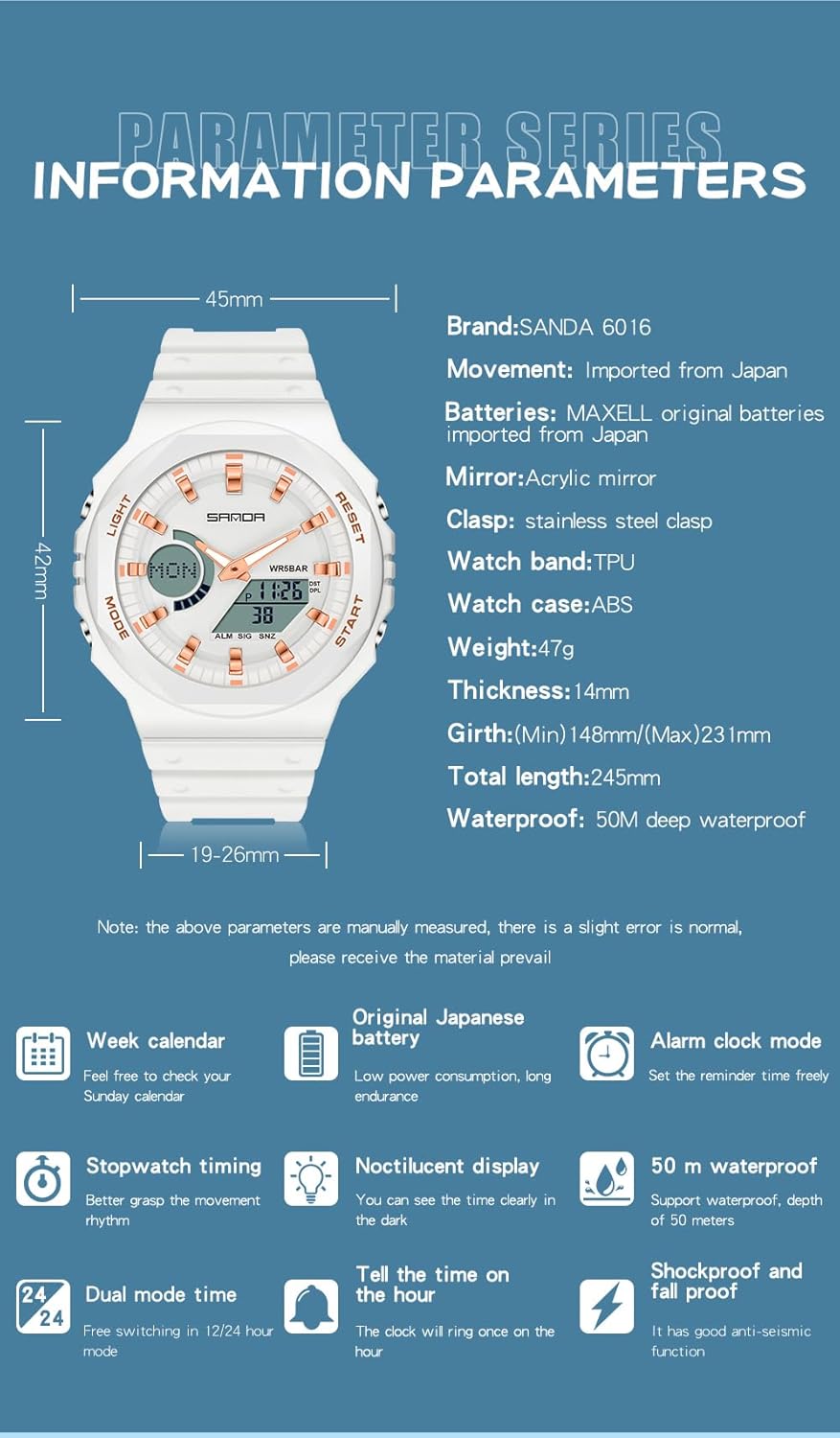 Gosasa Womens Digital Sports Watch 5ATM Waterproof Watch LED Light Large Face Analog Multifunctional Wrist Watches with Alarm Stopwatch Calendar Hourly Chime