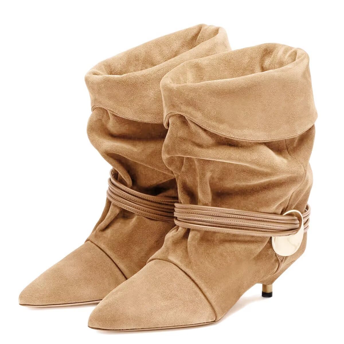 Agodor Womens Slouchy Ankle Boots - Pointed Toe Kitten Heels Booties Wide Calf Boho Suede Cowboy Boots Fold