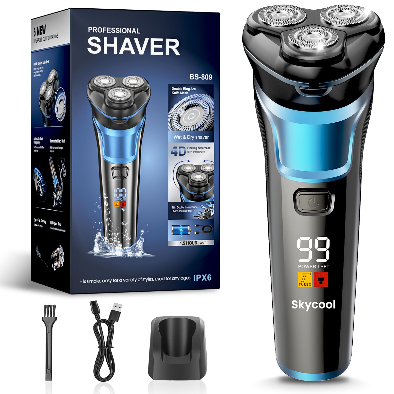 Skycool Rasierer Herren Elektrisch, 3-in-1 Elektrischer Rasierer für Herren Nass und Trocken, IPX7 Wasserdicht Rotationsrasierer mit Pop-Up Trimmer & LED-Display, Schnellladung, Geschenke für Männer