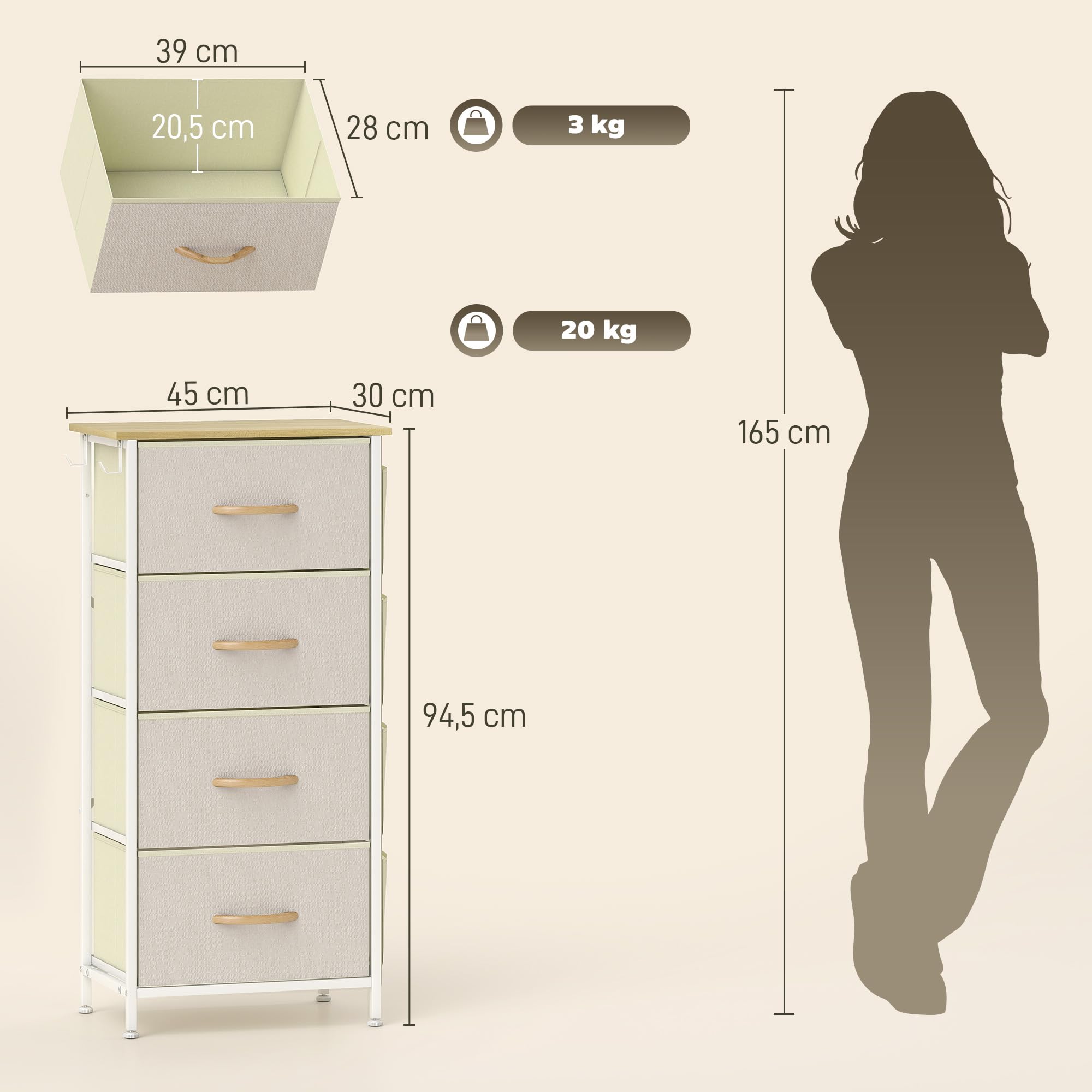 HOMCOM Cajonera de Tela Alta Cómoda con 4 Cajones 4 Bolsillos Laterales 2 Ganchos y Estructura de Acero Cómoda para Dormitorio Sala de Estar Pasillo Beige