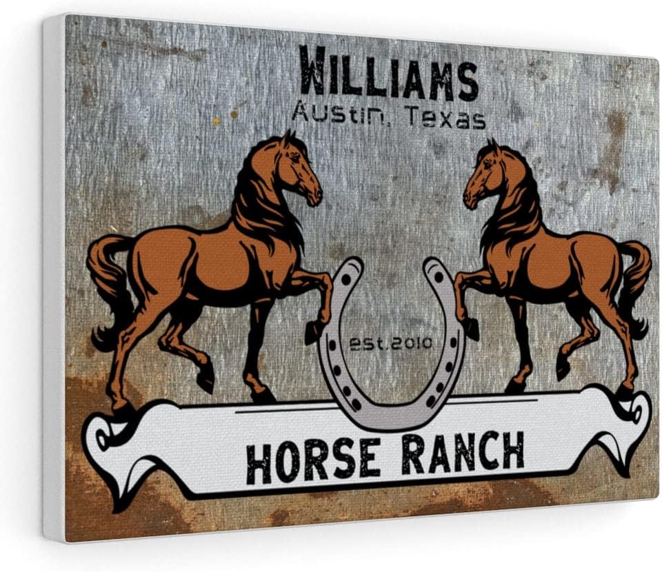 Personalized Rustic Horse Ranch Farmhouse Outdoor Family Wall Art Canvas Decor Gift, Rustic Horses Shoe Farmhouse Family Name Canvas Premium Gallery Wraps (1.25"), 30" × 20"