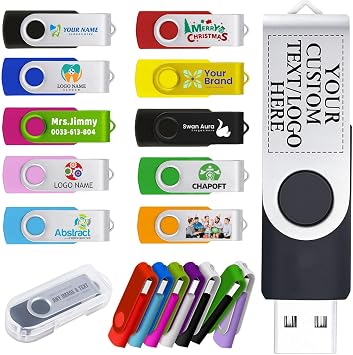 Custom USB Flash Drives 4GB Personalized with Logo, USB 2.0 Customized Thumb Drives Bulk Double-Sided Printing, Promotional Branded Memory Sticks for Business Events Wedding School 1-1000 Pack