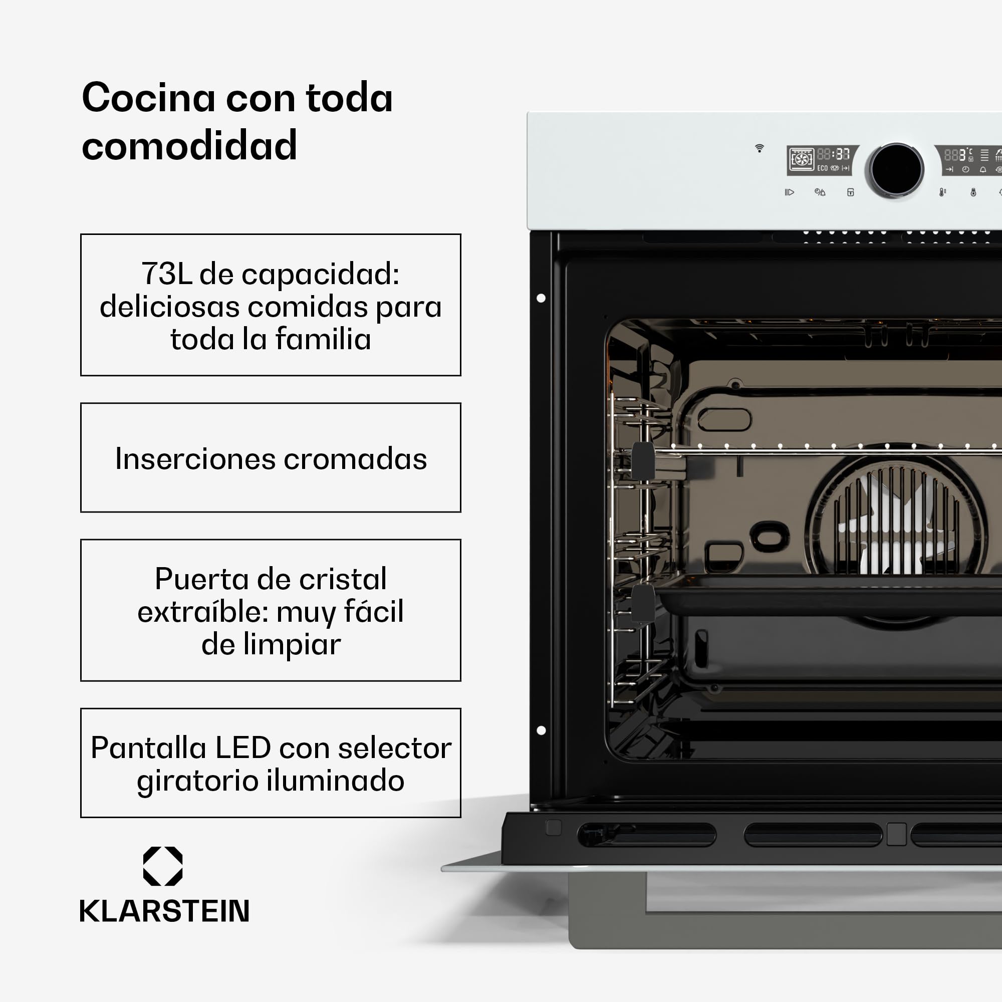 Klarstein Illuminosa Smart Horno Eléctrico Empotrable - 73L, 11 Funciones, Control Wifi, Eficiencia Energética A+, Puerta de Triple Acristalamiento, Horno Multifunción Integrable