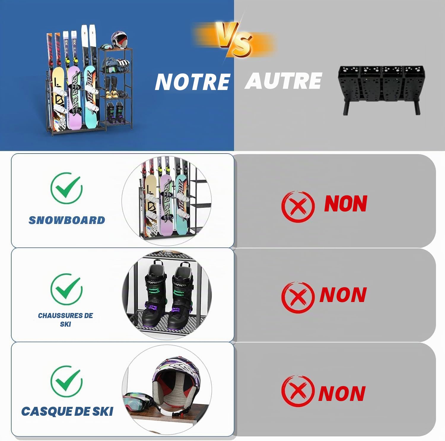 Porte-skis autoportant pour garage, support de sol en acier robuste pour garage, sous-sol