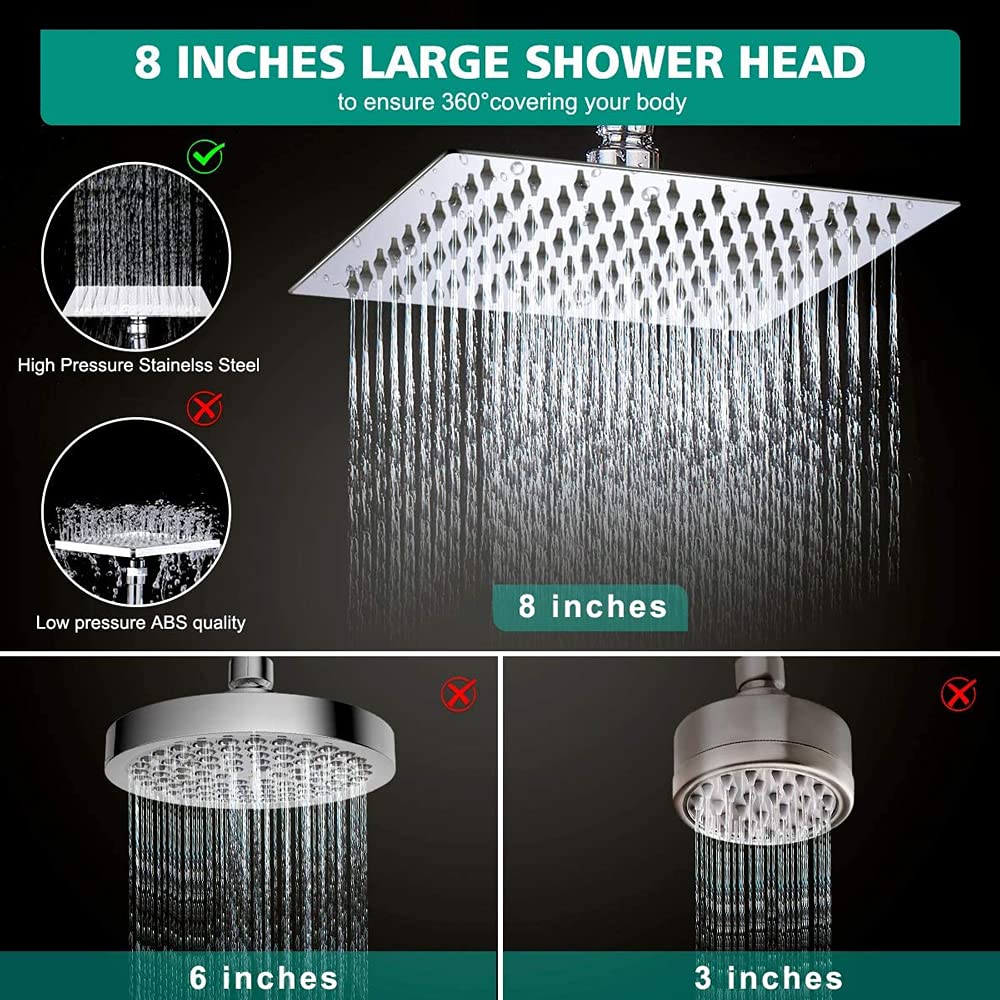 Sistema de ducha, ducha de baño montada en la pared con cabezal de ducha de lluvia de alta presión de 8 "y cabezal de ducha de mano de 3 posiciones, cromo cepillado (manguera de desvío de agua de 3 ví