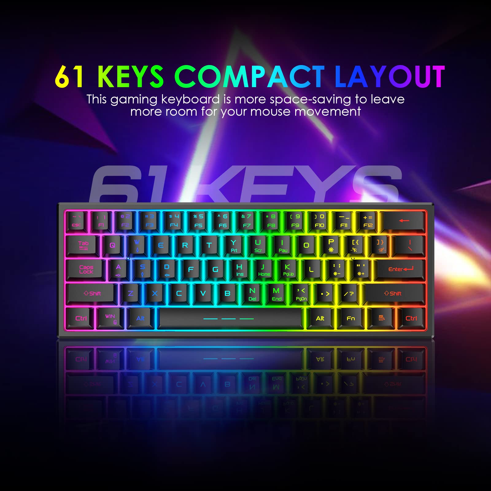 60% Kabellos Gaming Tastatur und Maus Combo Set 2,4 GHz Wiederaufladbare 3800 mAh Leise 61 Tasten Kompakttastatur mit Rainbow LED Hintergrundbeleuchtung + 2400 DPI 6 Tasten Rainbow LED Maus(Schwarz)