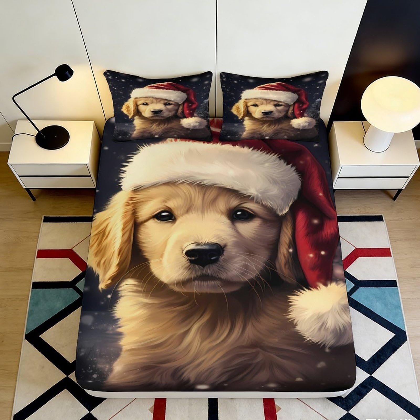 3D Printed Christmas Puppy Fitted Sheet Microfiber Soft Breathable Santa Hat Mattress Cover for Bedroom Guest Room Decor 140x200x25cm