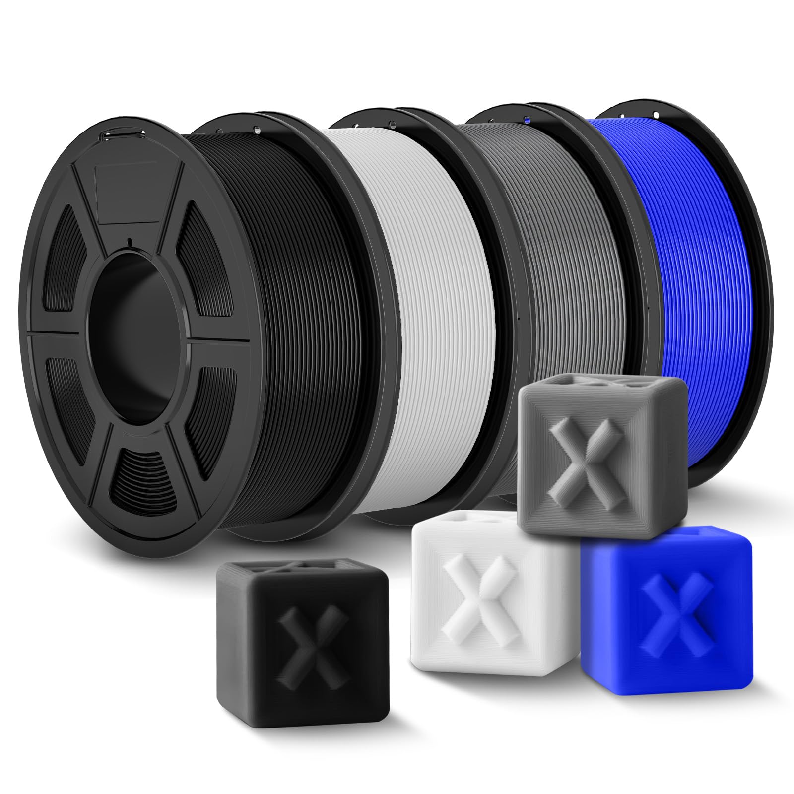 JAYO PLA+ Filament 1.75mm 4.4KG, Erhöhte Zähigkeit PLA Plus Filament-3D-Druckmaterialien, Maßgenauigkeit +/- 0.02mm, Neatly Wound, 4 * 1.1kg Spule, PLA+ Schwarz, Weiß, Grau, Blau