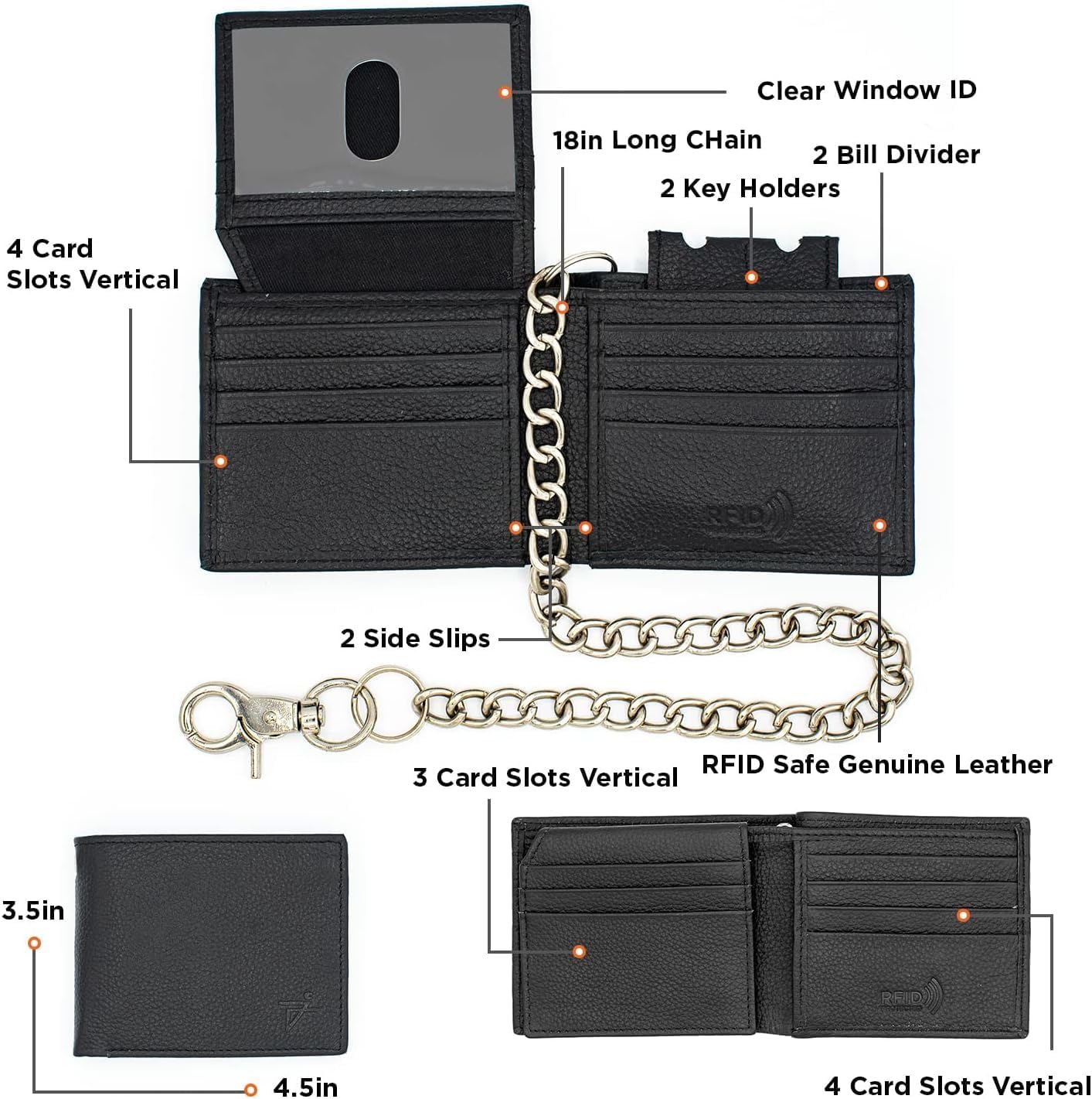 Genuine Leather RFID Blocking Bifold Wallet for Men, Stylish Bifold, Stainless Chain, Flip-up Window ID (J521BF-WC, Black)