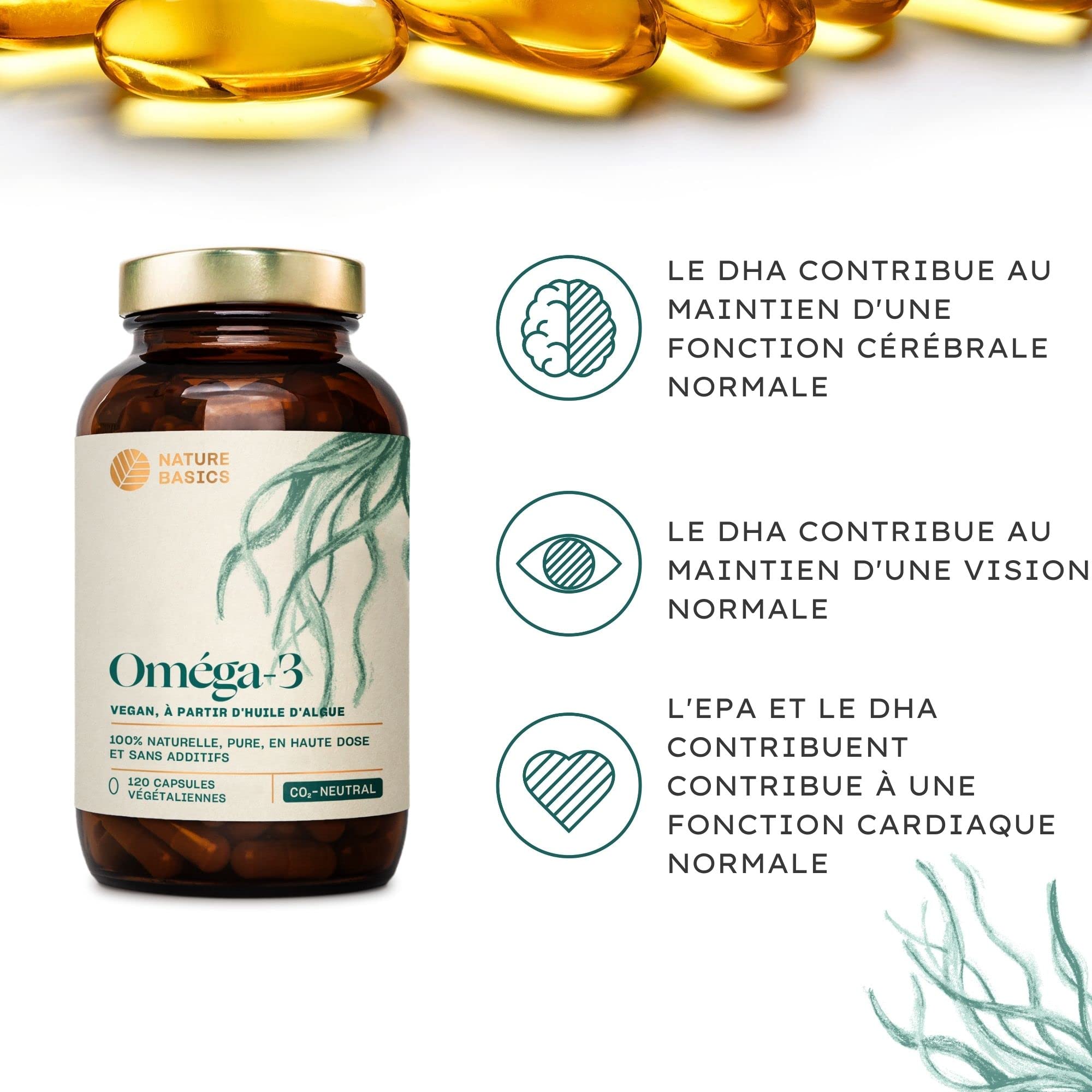 Nature Basics® Huile d'algues Oméga 3 végétalienne | 120 (!) gélules hautement dosées dans un bocal en verre | certifié durable & neutre en CO2 | Par gélule 455mg naturels avec 30% DHA & 15% EPA
