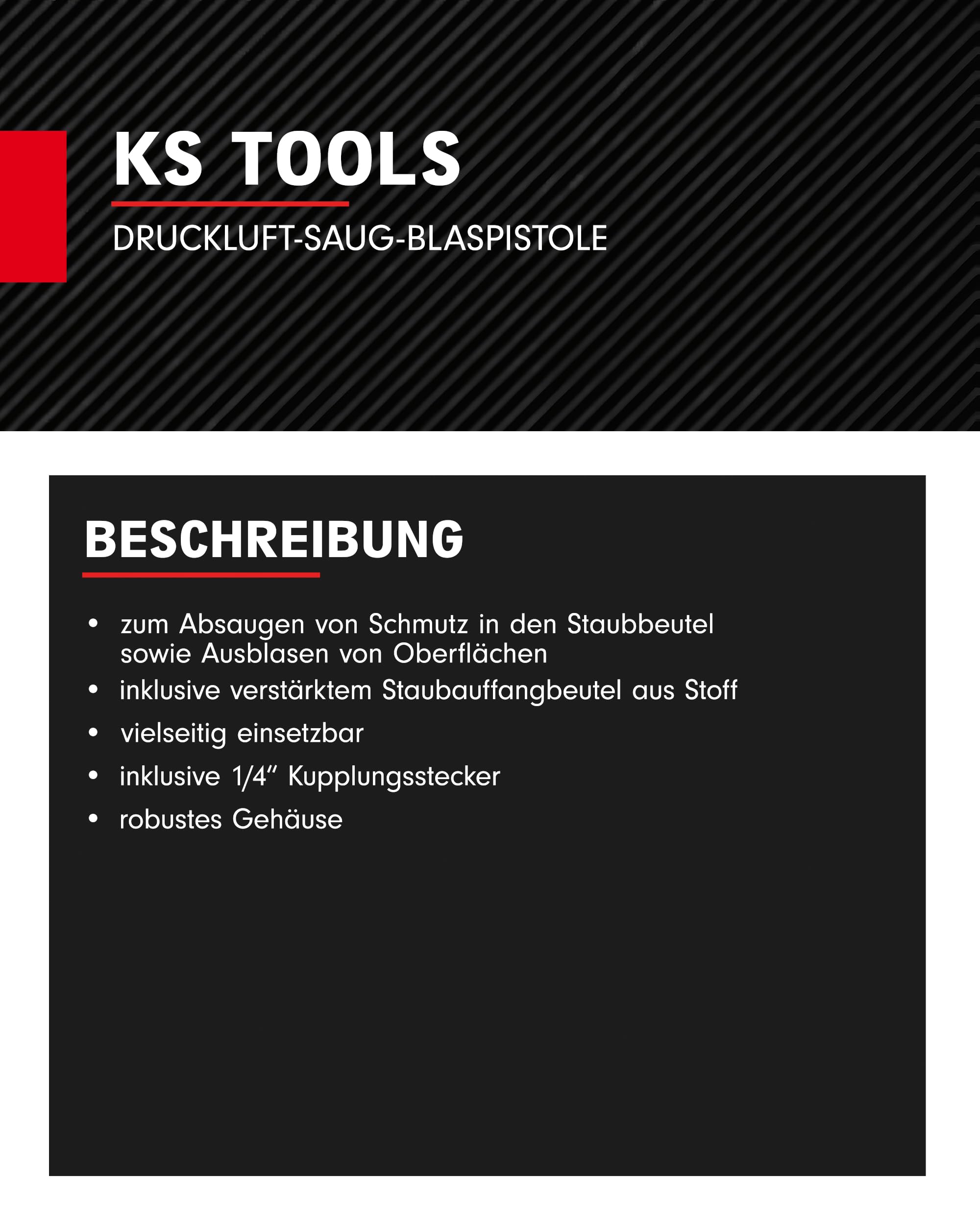 KS Tools Druckluft Saug Blaspistole 515.5090 145mm I Ausblaspistole mit 145mm Düse - 1/4" NPT I Luftdruckpistole inkl. verstärktem Stoff-Staubauffangbeutel