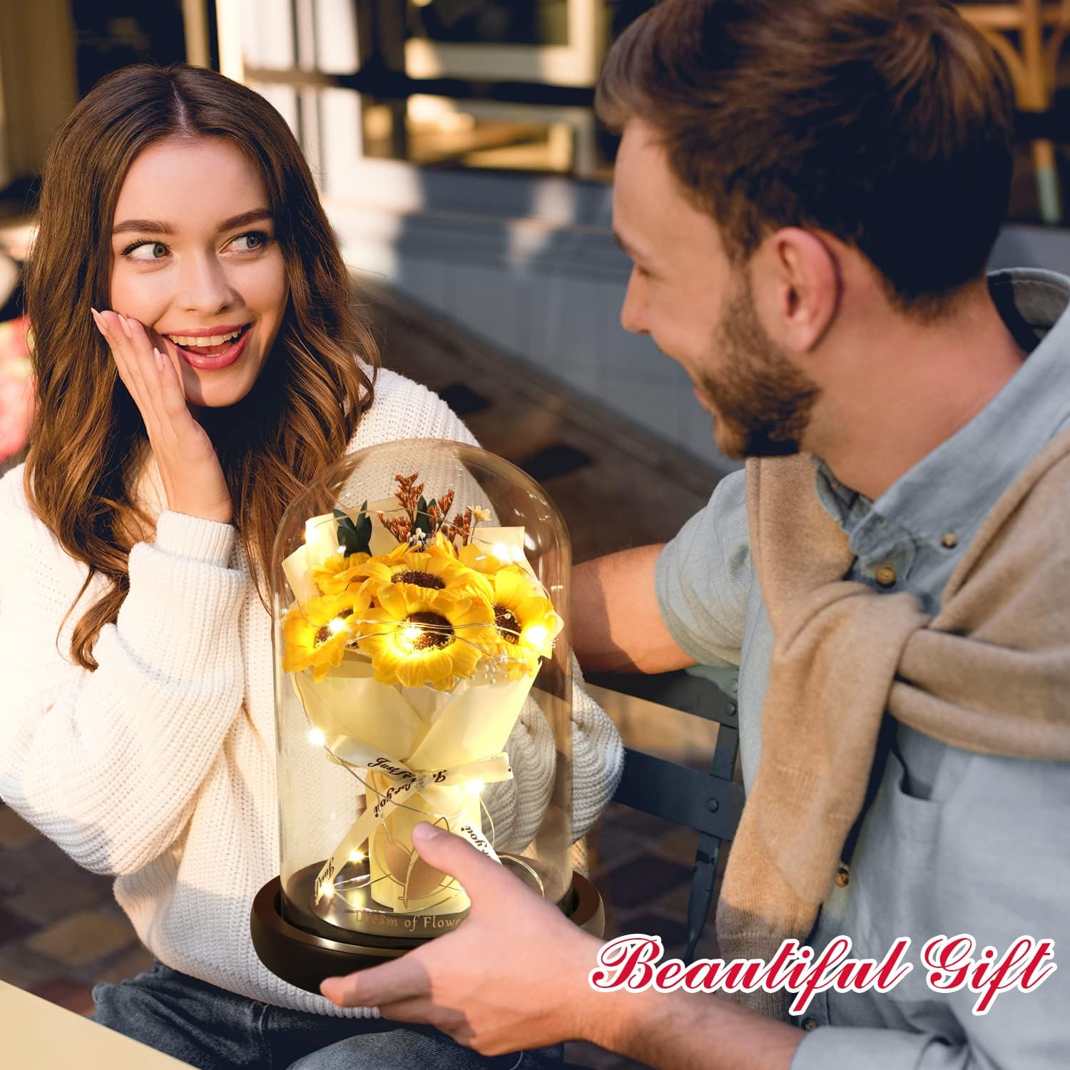 Valentines Day Gifts, Sunflower Gift for Mom-Preserved Artificial Rose Flower Gifts for Women Friends Sunflower Gifts for Her,Light Up Rose in Glass Dome-Thankgiving Birthday Valentine Anniversary