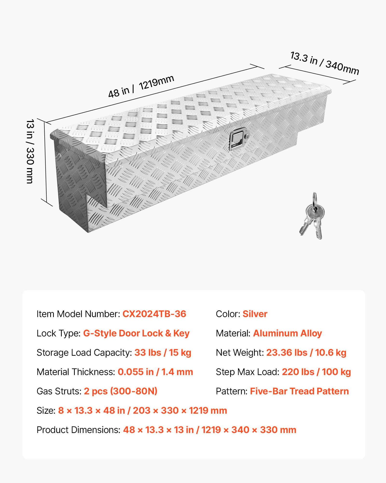 VEVOR Caja de Herramientas para Caja de Camioneta, de Aluminio, con Dibujo, Cerradura y Llave, Ideal para Camioneta, RV, Remolque, Carga Máxima del Escalón 100 kg, 1219 x 340 x 330 mm, Plata