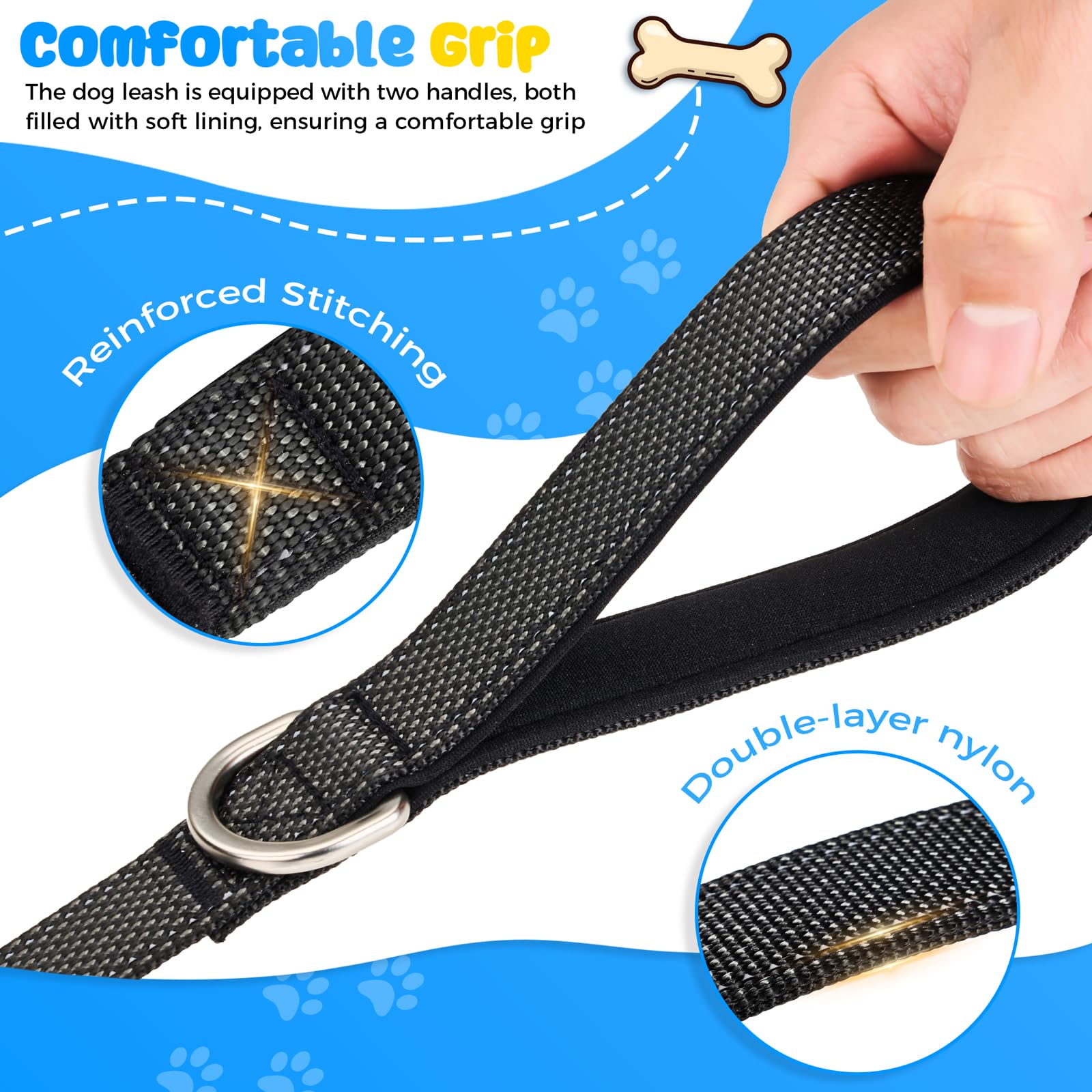 Heavy Duty Dog Leash with Easy Lock Metal Clip, Reflective, Padded Handle - Durable 4ft 8ft Walking Training Leash for Large, Medium, Small Dogs, Jogging, Hiking, and Outdoor Use (Black, 6 FT) - 4