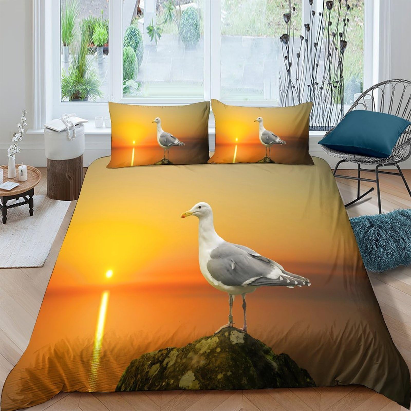 Ctjqhvkz Style-9 3D Printed Sunset Seagull Fitted Sheet Microfiber Soft Breathable Ocean Sunrise Mattress Cover For Bedroom Decor Single（135X200cm）
