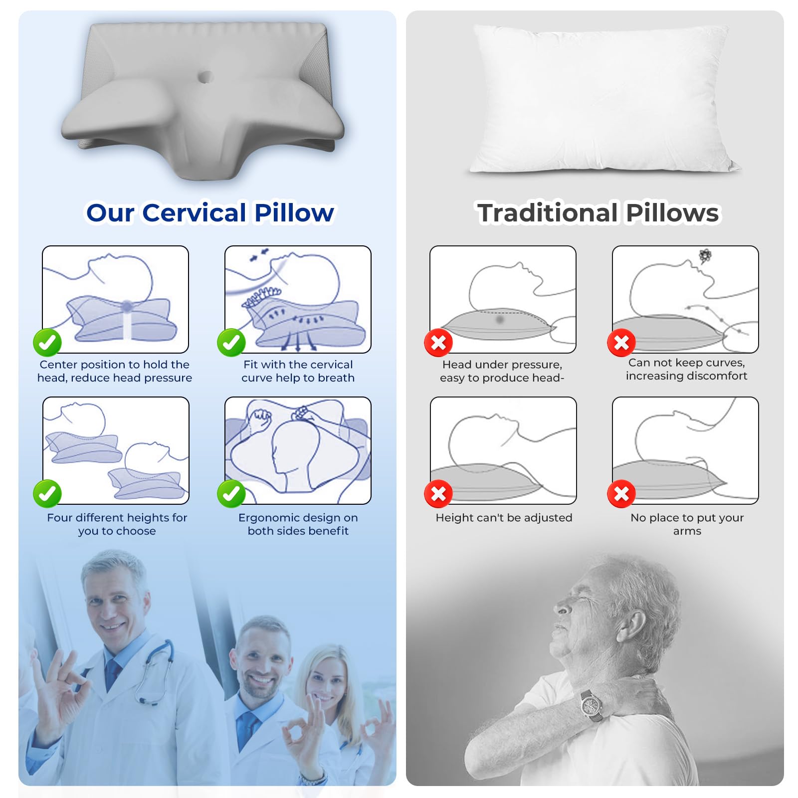 Cervical Pillow for Neck Pain Relief, Cooling Contour Memory Foam Pillows Support Odorless Ergonomic Neck Pillow Adjustable Orthopedic Bed Pillow for Side Back Stomach Sleeper with Pillowcase,Grey