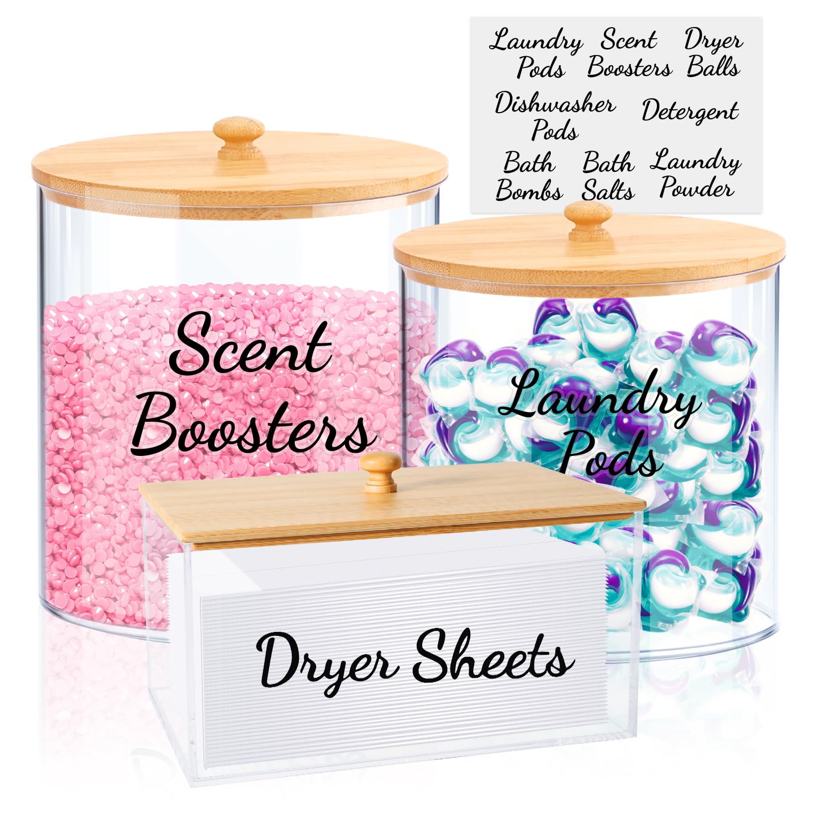 TCJJ Pack of 3 Washing Powder Storage Box, Laundry Detergent Pod Storage and Dryer Sheet Holder with Lid and Labels for Wash Pads, Bath Bombs, Odour Enhancement, Dryer Sheet