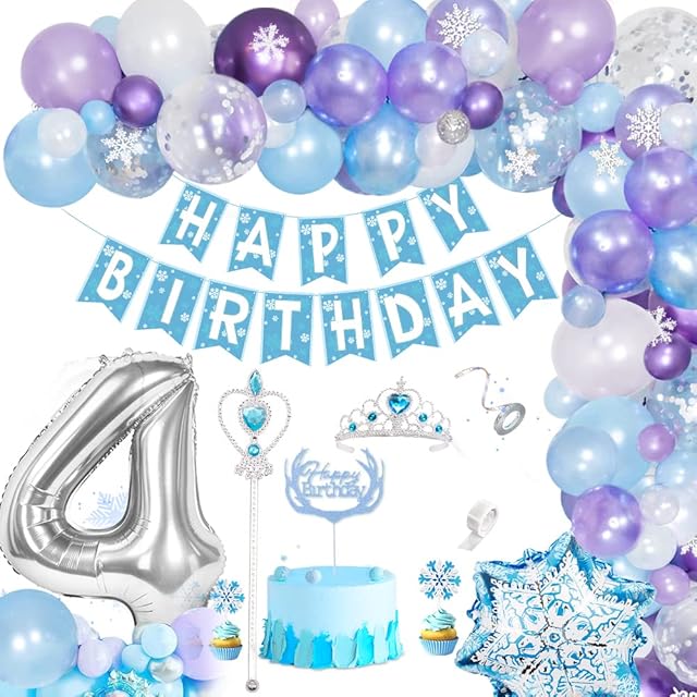 4th Frozen Birthday Decorations, Happy Birthday Balloons Decorations Frozen Balloons Banner Frozen Party Supply Decorations, Fairy Crown. Fairy Wand, Snowflakes Cake Topper, 4th Birthday for Girls