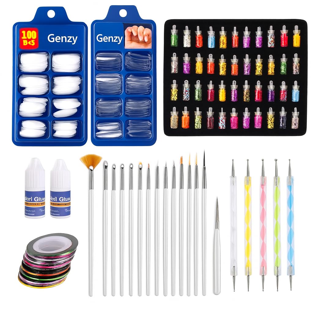GENZY Professional Nail Art Kit Set (11-in-1) | 48 Pcs 3D Glitter Glass Bottles, 200 Artificial Nails (White & Transparent), 20 Nail Art Brushes, 5 Double-Ended Dotting Pens, 10 Striping Tapes + French Tip Guide, Nail Glue Combo | Complete Nail Decoration & DIY Salon Kit-image-12