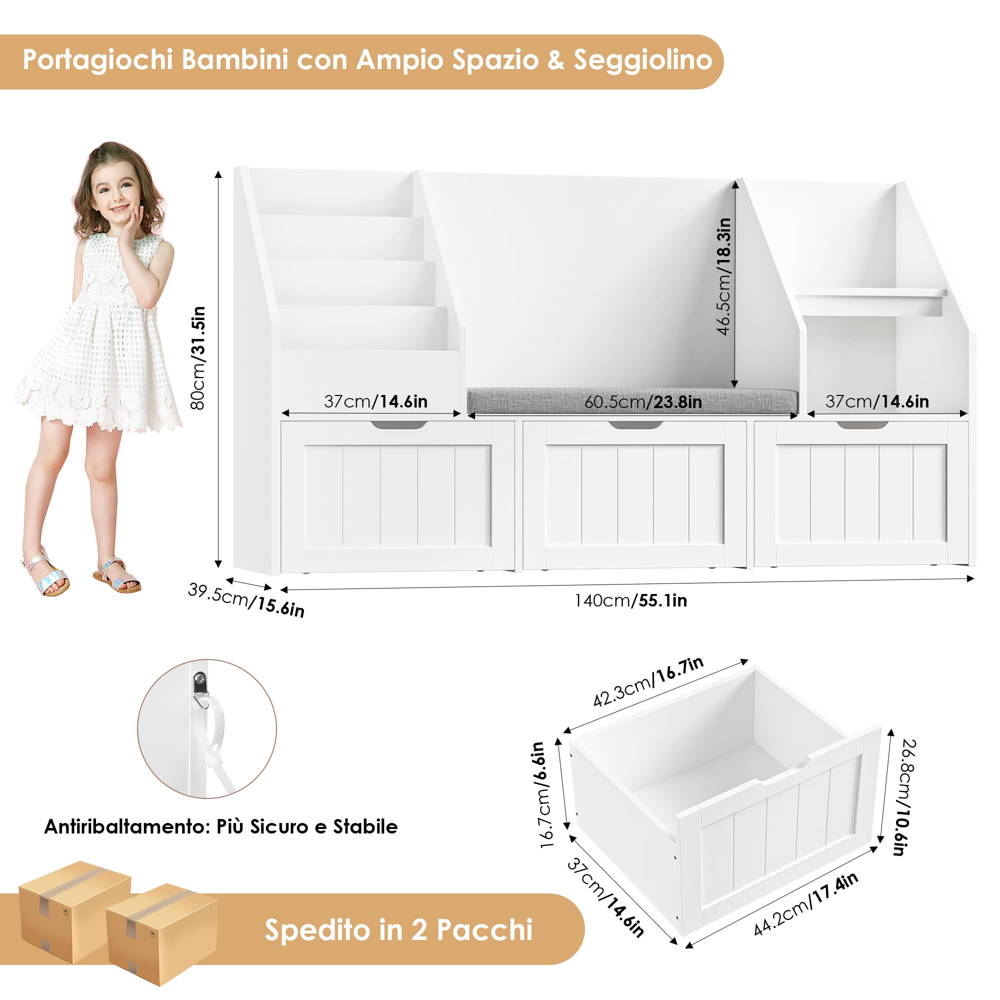 FOREHILL Libreria Montessoriana per Bambini, Porta Giochi Bambini con Cuscini, Libreria Panca a 4 Ripiani, Mobile Porta Giochi a 3 Cassetti con Ruote, per Cameretta, Studio, 140x39.5x80 cm (Bianco)