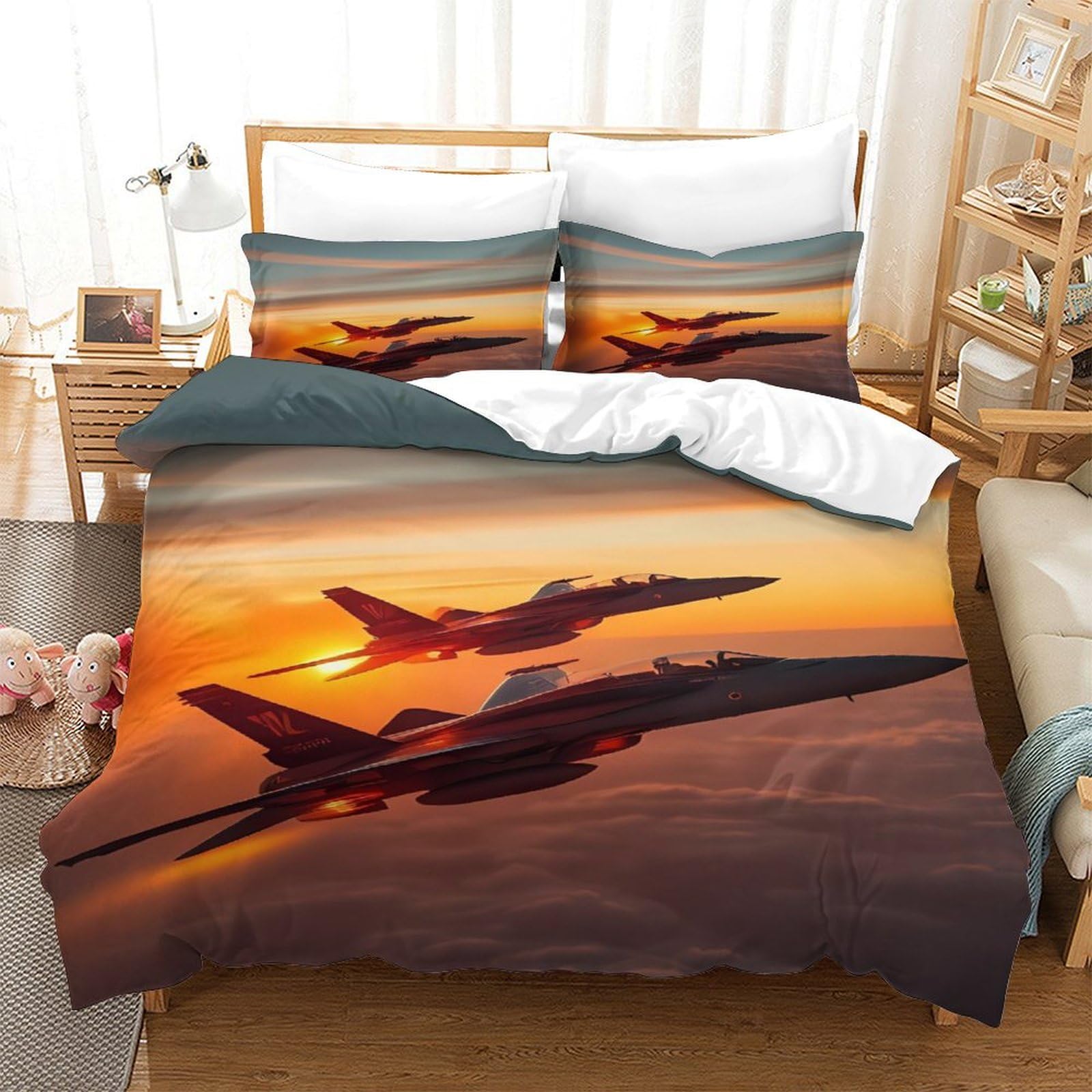 XiaopangXY Fighter Jet Warmth to Sleep Bedding Set Hidden Zipper Duvet Cover Set with Pillowcases Warplane Quilt Cover Set Soft Microfiber Nice-looking Comforter Cover Double（200x200cm）