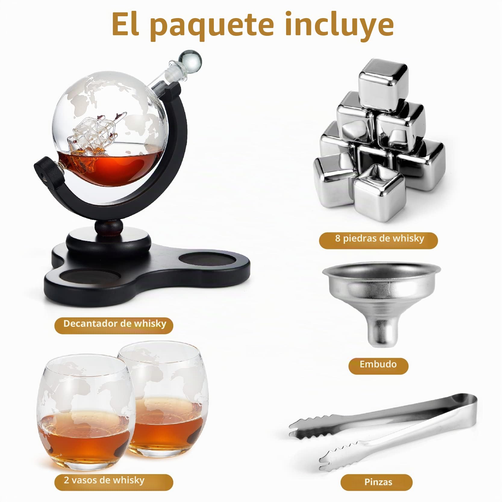 Juego de Decantador de Whisky, Decantador de 850 ml, 2 Vasos de Globo Grabados, Embudo de Acero Inoxidable y 8 Cubitos de Hielo de Piedras de Whisky de Acero Inoxidable (A-850 ml)