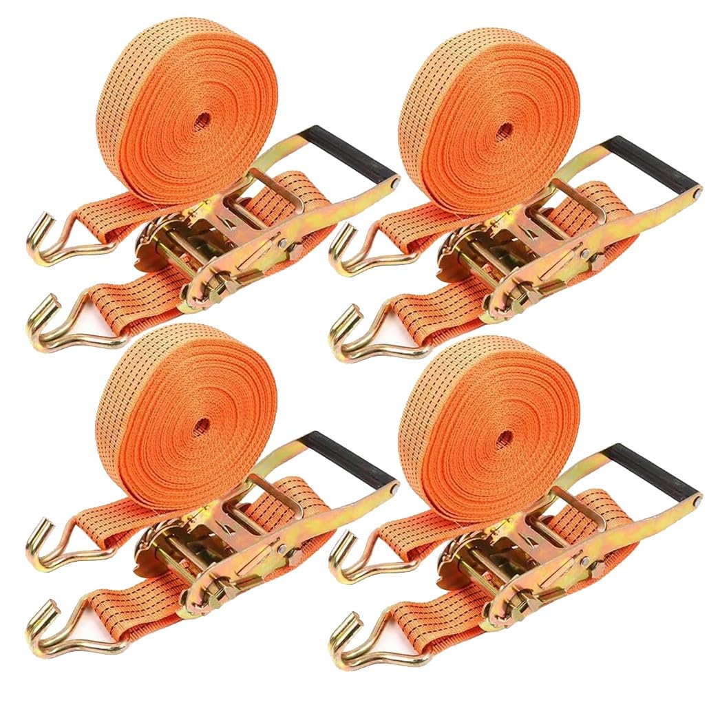 Paquete de 4 Correas de Amarre con trinquete de 9,8 a 65,6 pies, Correa de Amarre de Carga con Gancho Doble en J, Correa de Amarre for remolques de camión y Kayaks(Oranje,8.0m/26.2Ft)