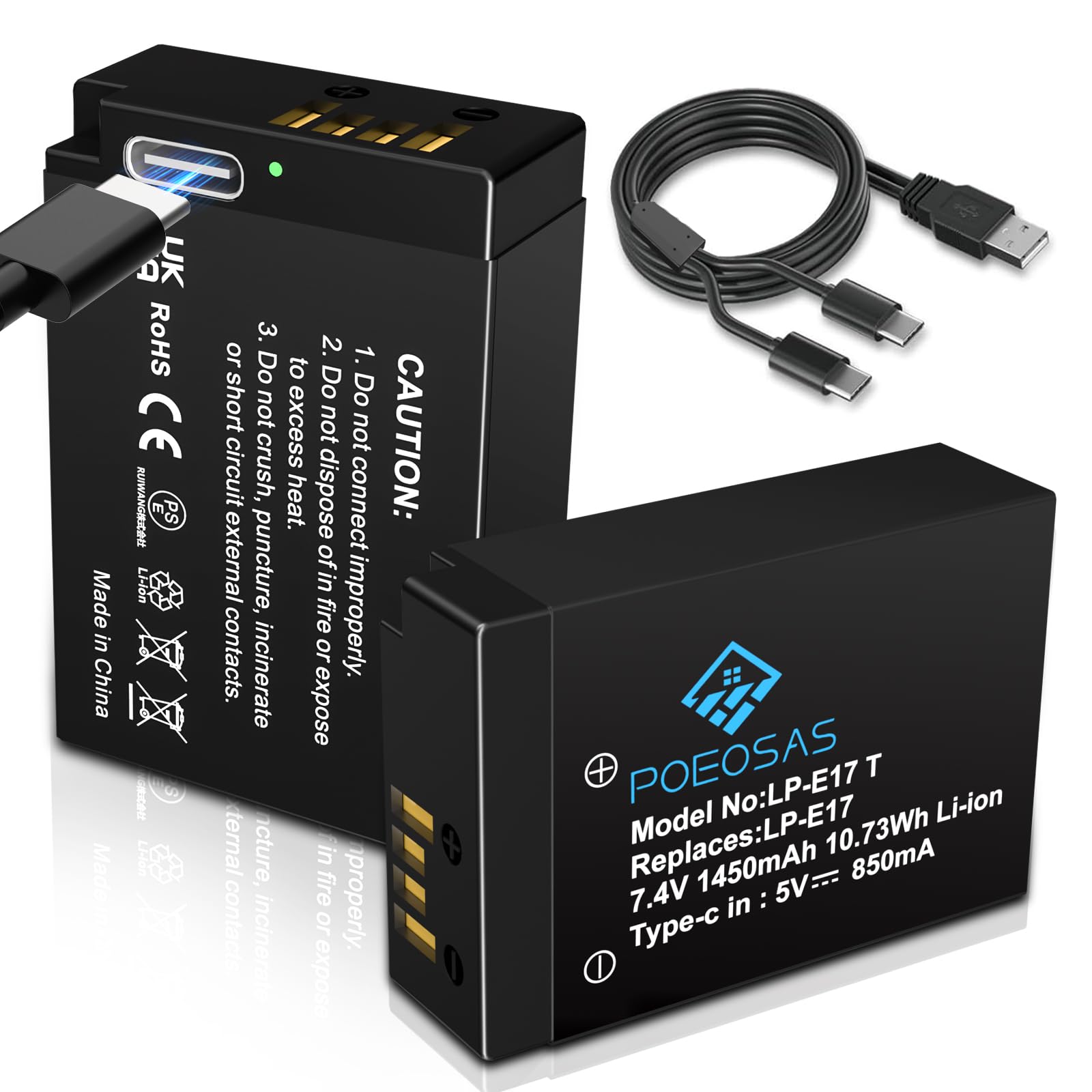 2 Pack 1450mAh LP-E17 Ersatz Akku mit USB Typ C Ladeanschluss für Canon EOS M3, M5, M6, Rebel SL2, T6i, T6s, T7i, EOS 200D 250D 750D, 760D, 800D, 8000D, KISS X8i, RP Cameras