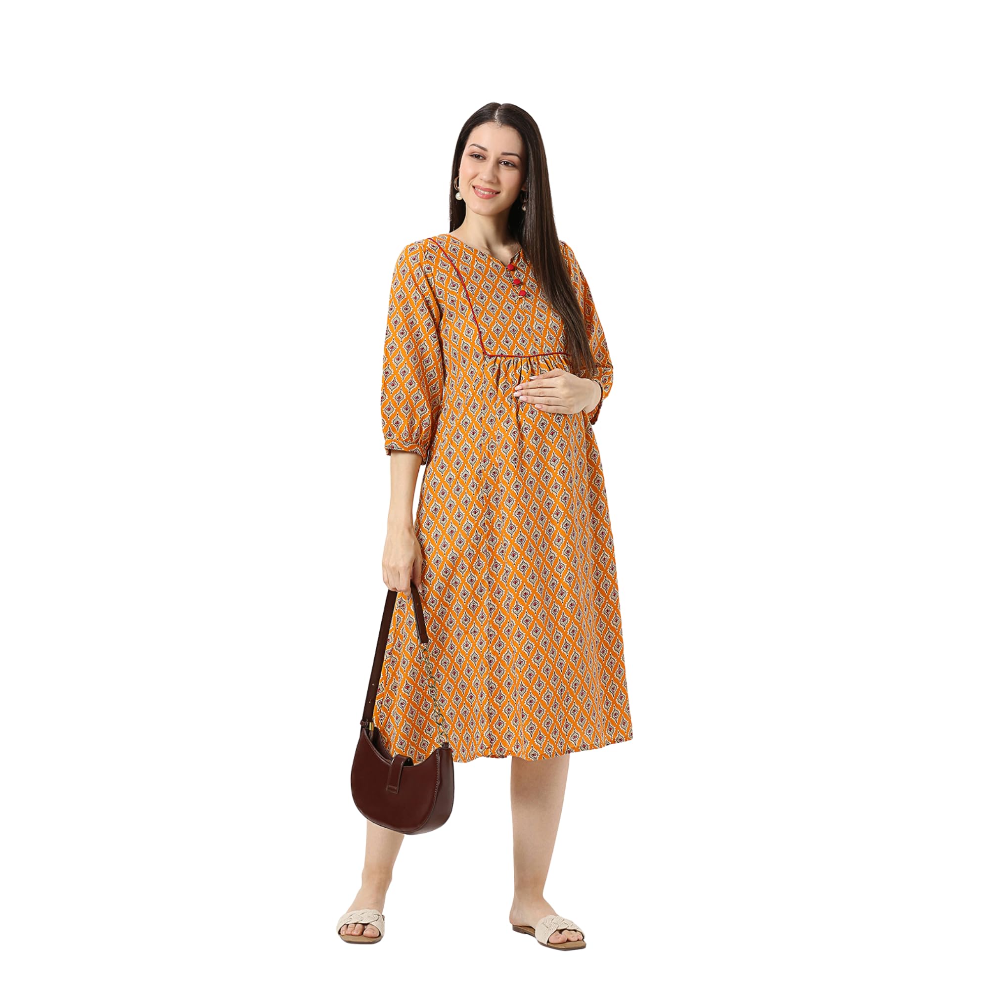 Mustard Yellow Cotton Maternity Dress-picture-34