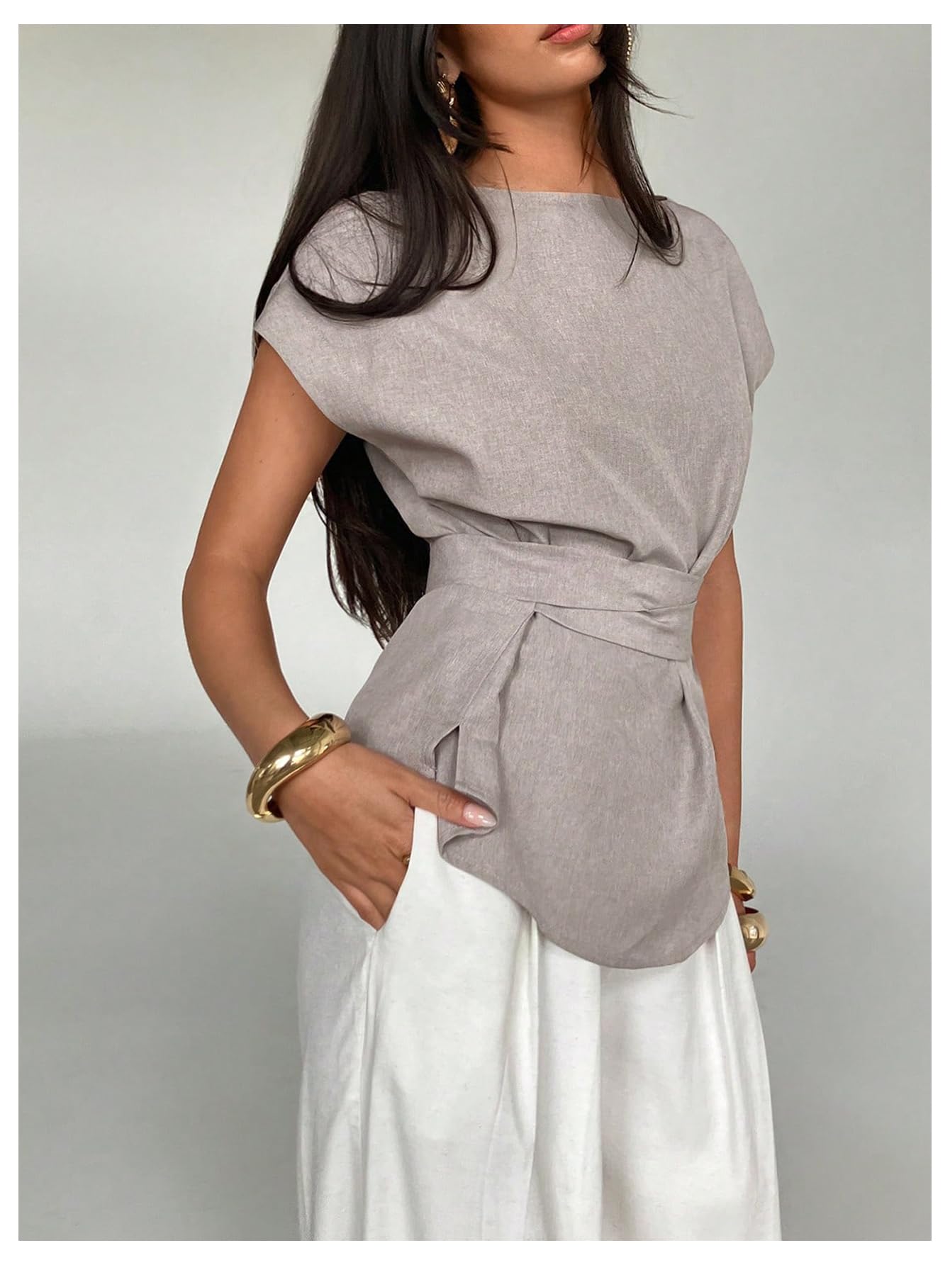 MakeMeChic Women's Belted Short Sleeve Blouse Crew Neck Loose Summer Elegant Office Shirt