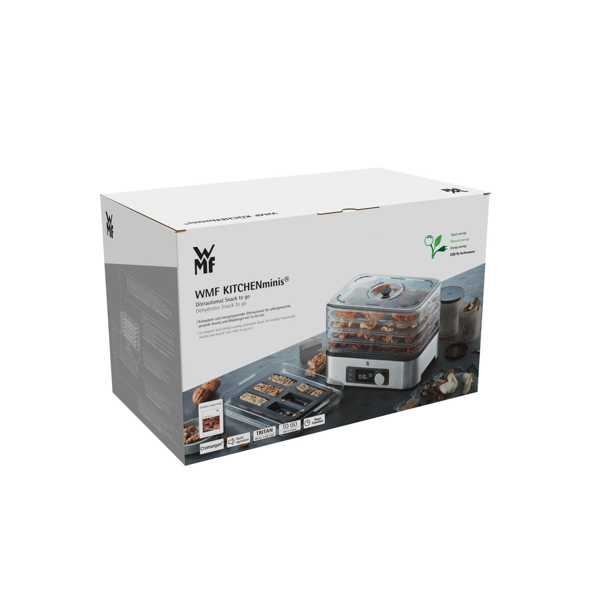 WMF KitchenMinis Essiccatore Compatto Snack to Go, in Acciaio Cromargan con 5 Griglie di Essicazione in Tritan, Sistema Silenzioso, Essicatore con Display LCD e Timer Programmabile, Dim. 28 x19x21 cm