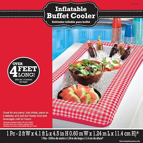 Miniatura 5 de Enfriador inflable para fiesta de pícnic, 24 x 50 pulgadas (paquete de 1), enfriador de vinilo a cuadros rojos y blancos, perfecto para diversión al