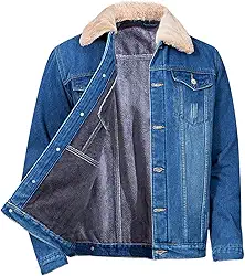 Jaqueta jeans masculina regular e de lã, botões rasgados com gola de pele removível