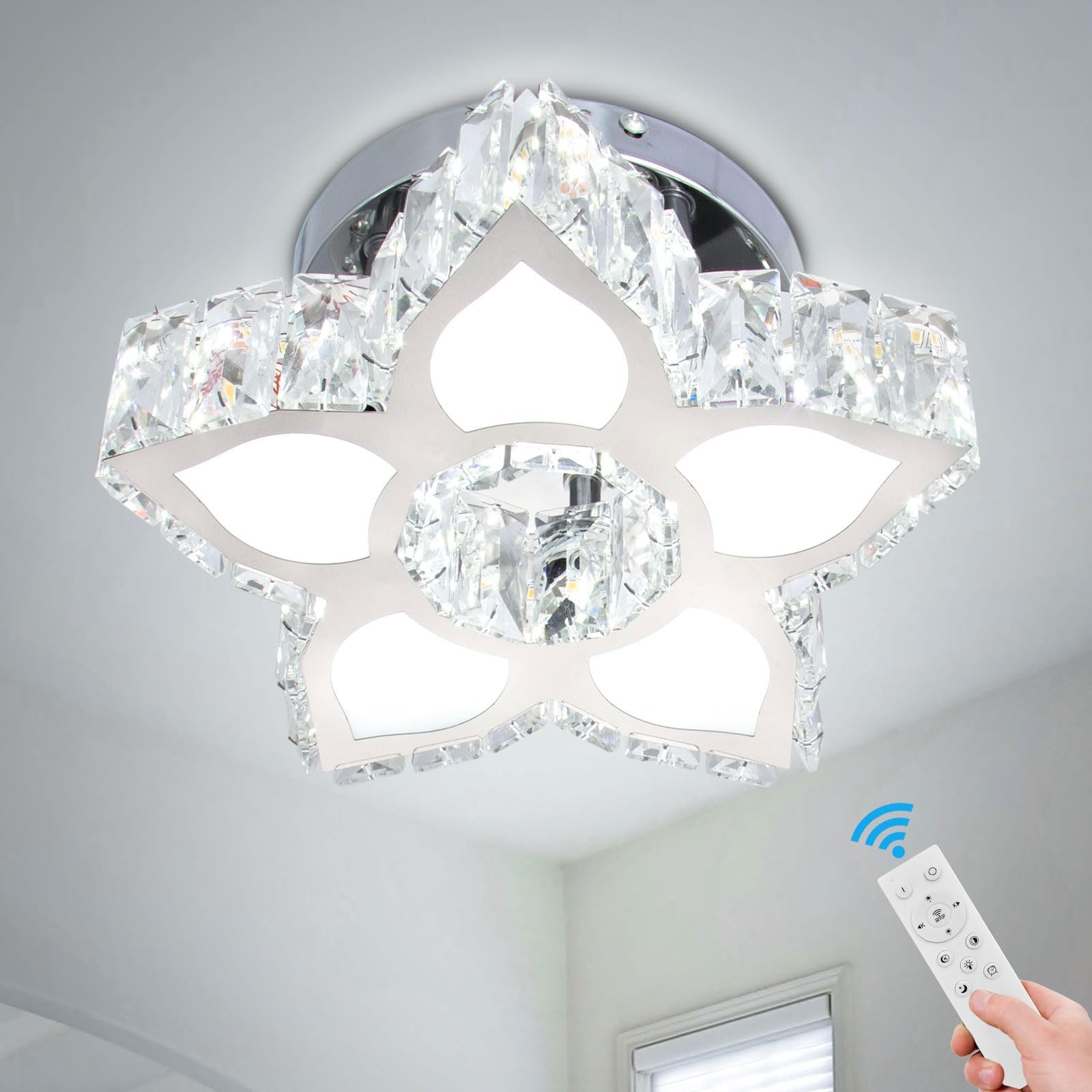 Dimmable Crystal Chandelier Modern Crystal Chandeliers Flush Mount Ceiling Light Lamp Fixture for Dining Room Living Room Bedroom Hallway Remote Control