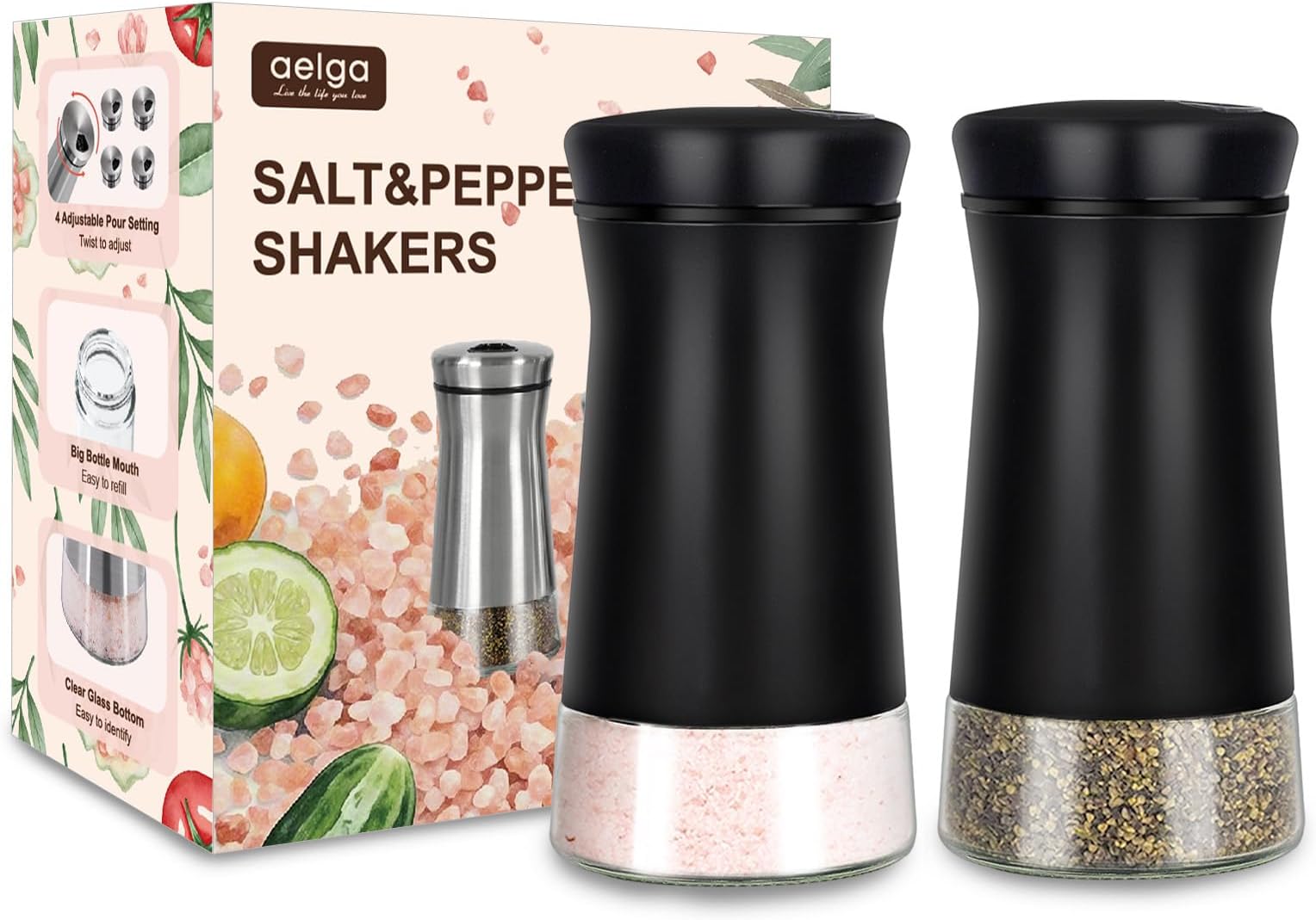 Aelga Black Salt and Pepper Shakers with Adjustable Pour Holes, 2PCS Refillable, Ideal for Black Pepper, Kosher and Sea Salts