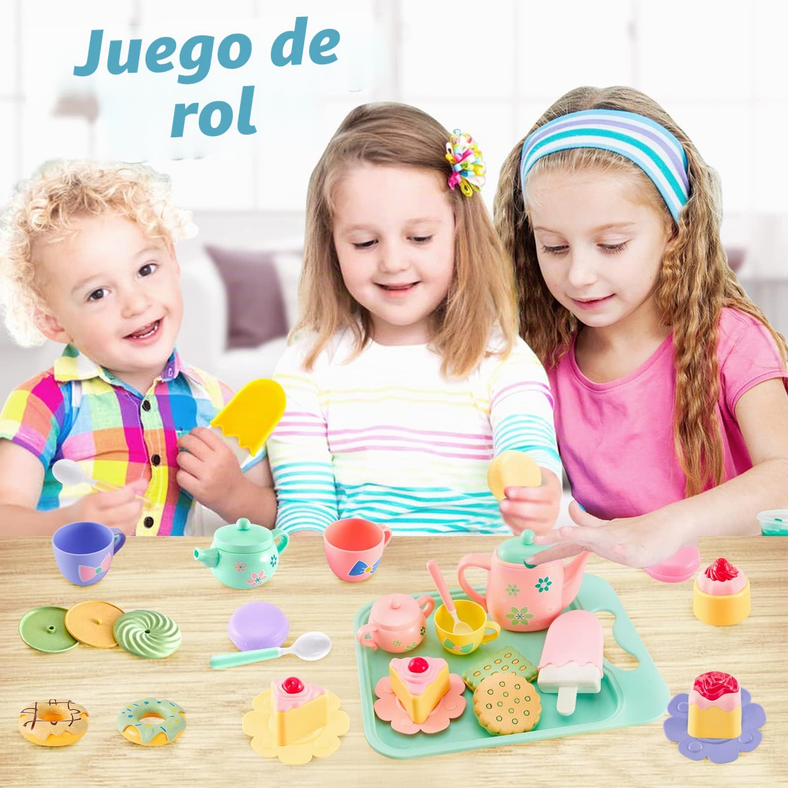 LINFUN KIDS Juego de Té Infantil Juguete con Tetera Postre, Alimentos Cocina Juguete con Platos, Juegos de Simulación Educativo Regalos para Niños Niñas 3 4 5 6 Años