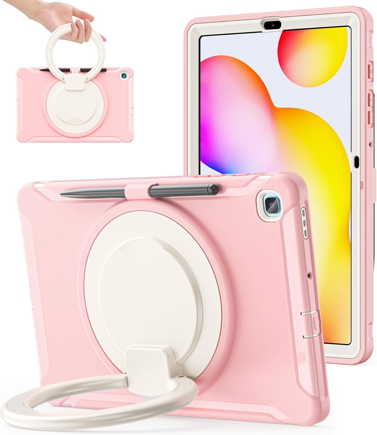 BATYUE Case for Samsung Galaxy Tab S6 Lite 10.4 Inch 2024/2022/2020 with S Pen Holder, Shockproof Rugged Cover with 360 Rotating Stand, Handle Grip for Samsung S6 Lite Tablet, for Kids, Cheery Pink