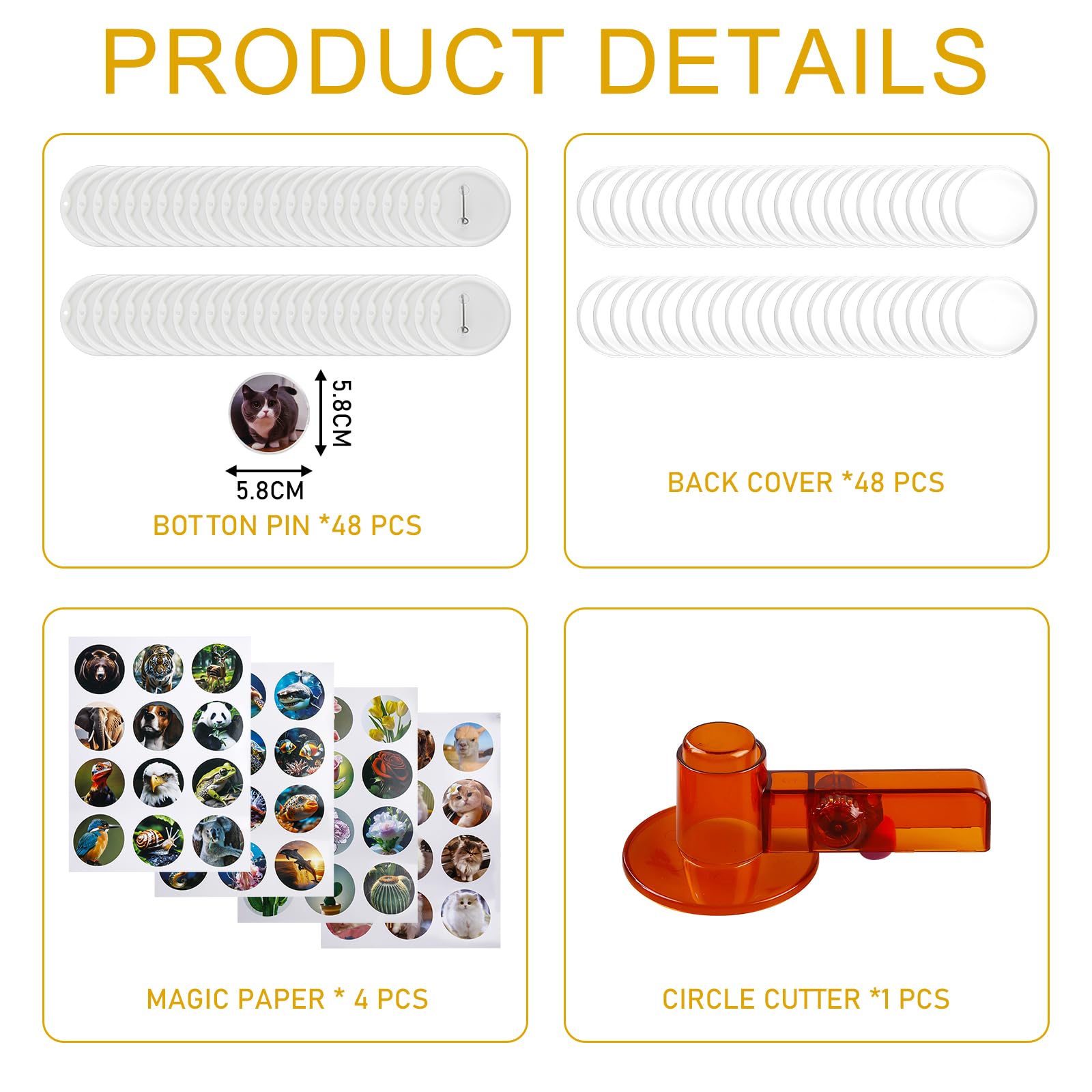 98 Pièces Machine à Badge, 55mm Machine a Faire des Badge avec 48 Papiers à Motifs et 48 Badges, 1 Emporte-Pièce Rond, Machines à Bouton DIY pour Cadeaux d'Enfants et Créations DIY