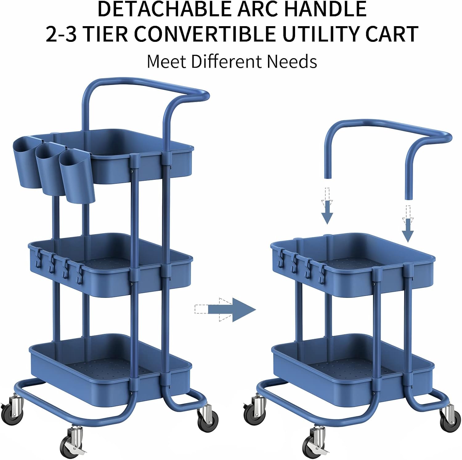 ALVOROG 3-Tier Rolling Utility Cart Movable Storage Organizer Shelves with Wheels and Hanging Cups Multifunctional Service Cart for Kitchen, Office, Coffee Bar (Navy Blue)